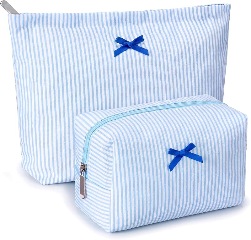 Huhumy Conjunto com 2 Necessaires de Maquiagem Azul com Listras e Laços