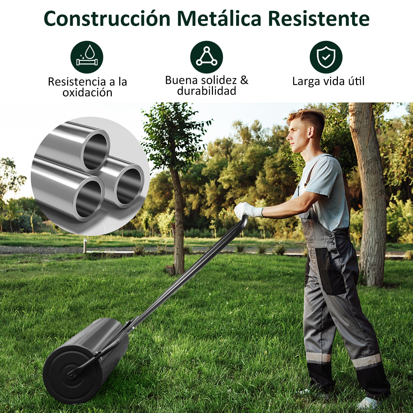 GOPLUS Rodillo de Césped para Jardín de Acero 48 L/63 L, Rodillo Manual Rellenable con Agua o Arena, Apisonadora de Césped (48 L, Negro)