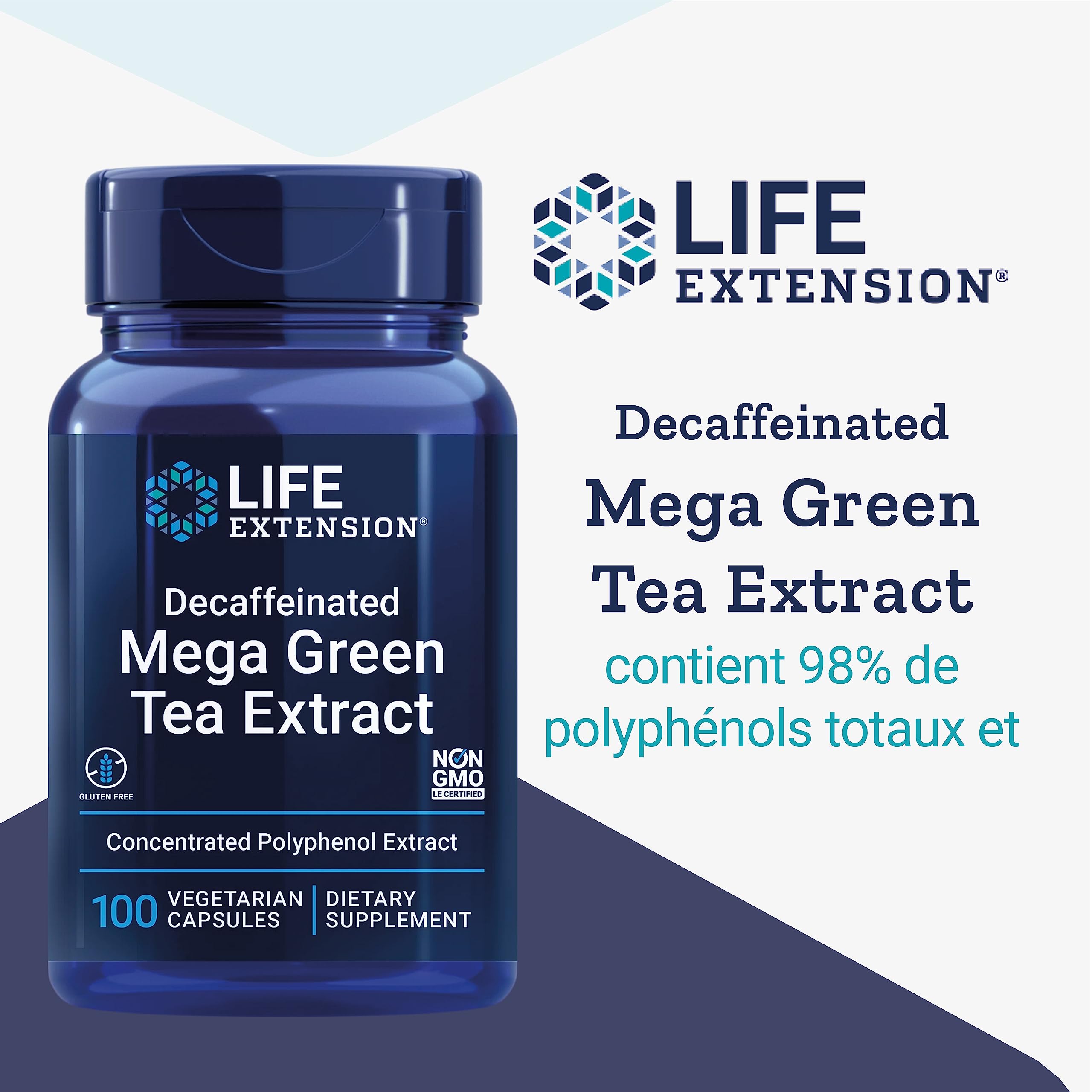 Life Extension, Mega Green Tea Extract, 725mg, Décaféiné, 100 Capsules végétaliennes, Végétarien, Sans Gluten, Sans Soja, Sans OGM