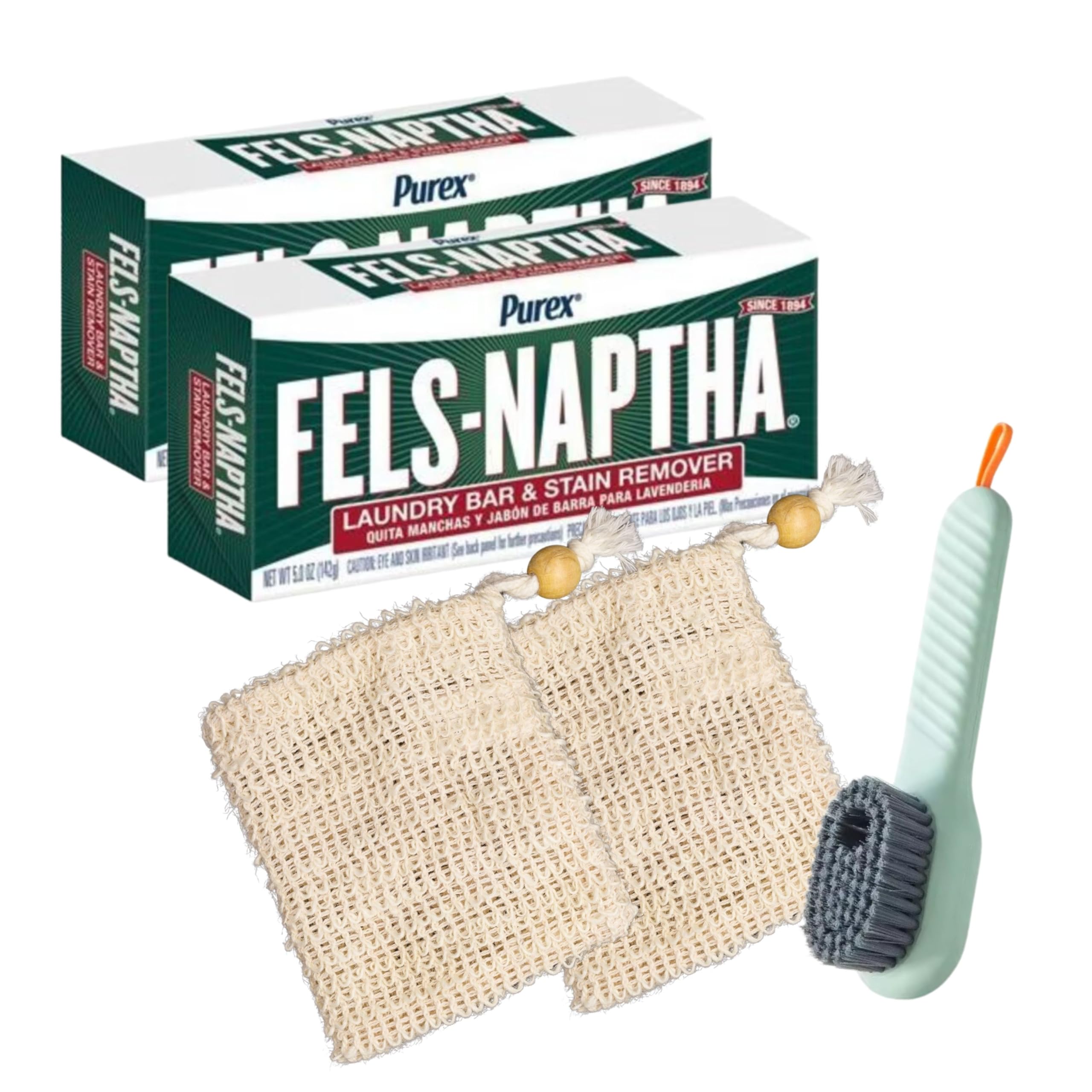 AMSYSoap Bars Stain Remover Laundry Bundle Multifunctional Cleaning Brush and 2 pack of Soap Bags Bundled with 2 Pack of Fels Naphta Soap Bars