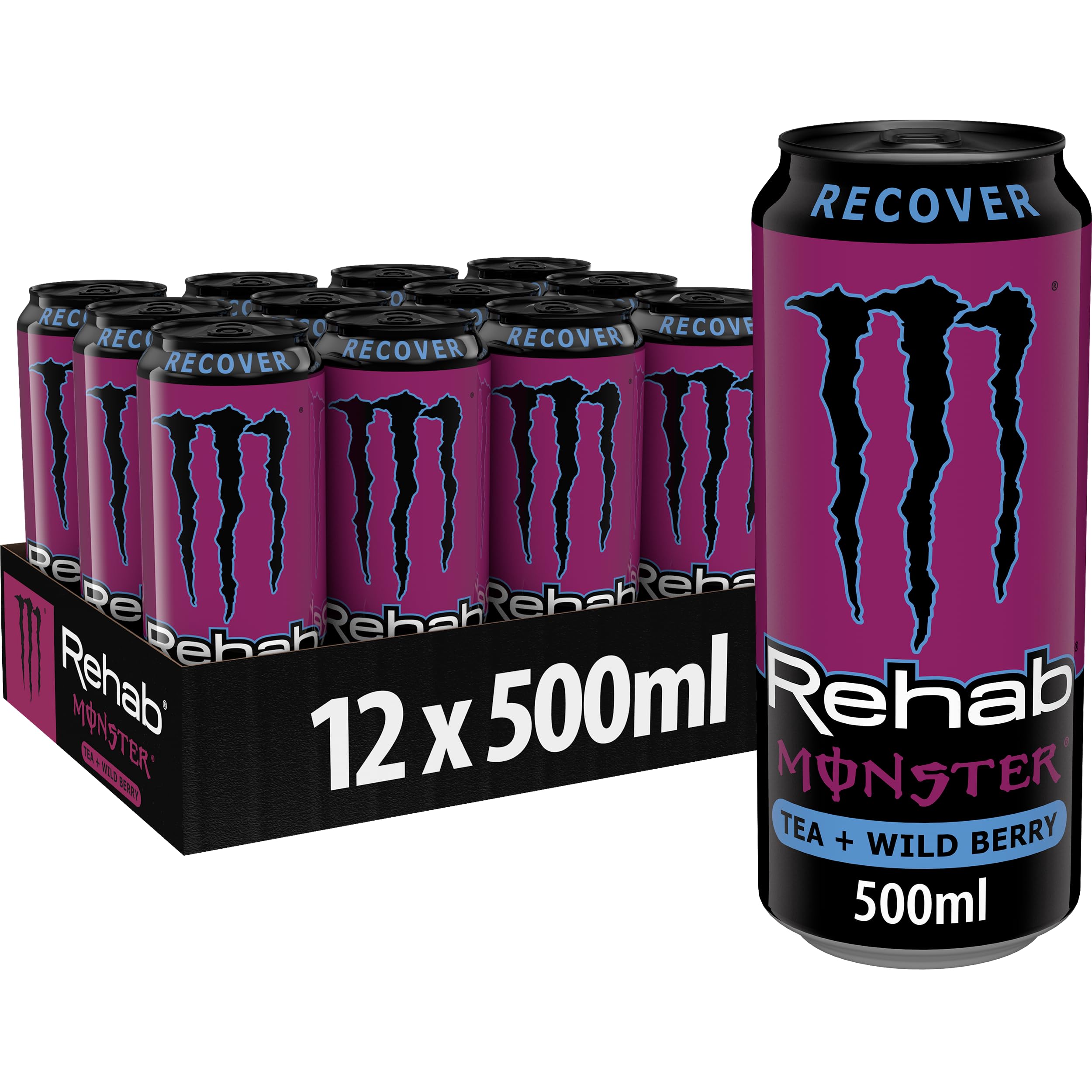 Monster Energy Rehab Wild Berry - koffeinhaltiger Energy-Drink ohne Kohlensäure mit Beeren-Eistee-Geschmack und Elektrolyten - full Flavour, full Sugar, kalorienarm - in Einweg Dosen (12 x 500ml)