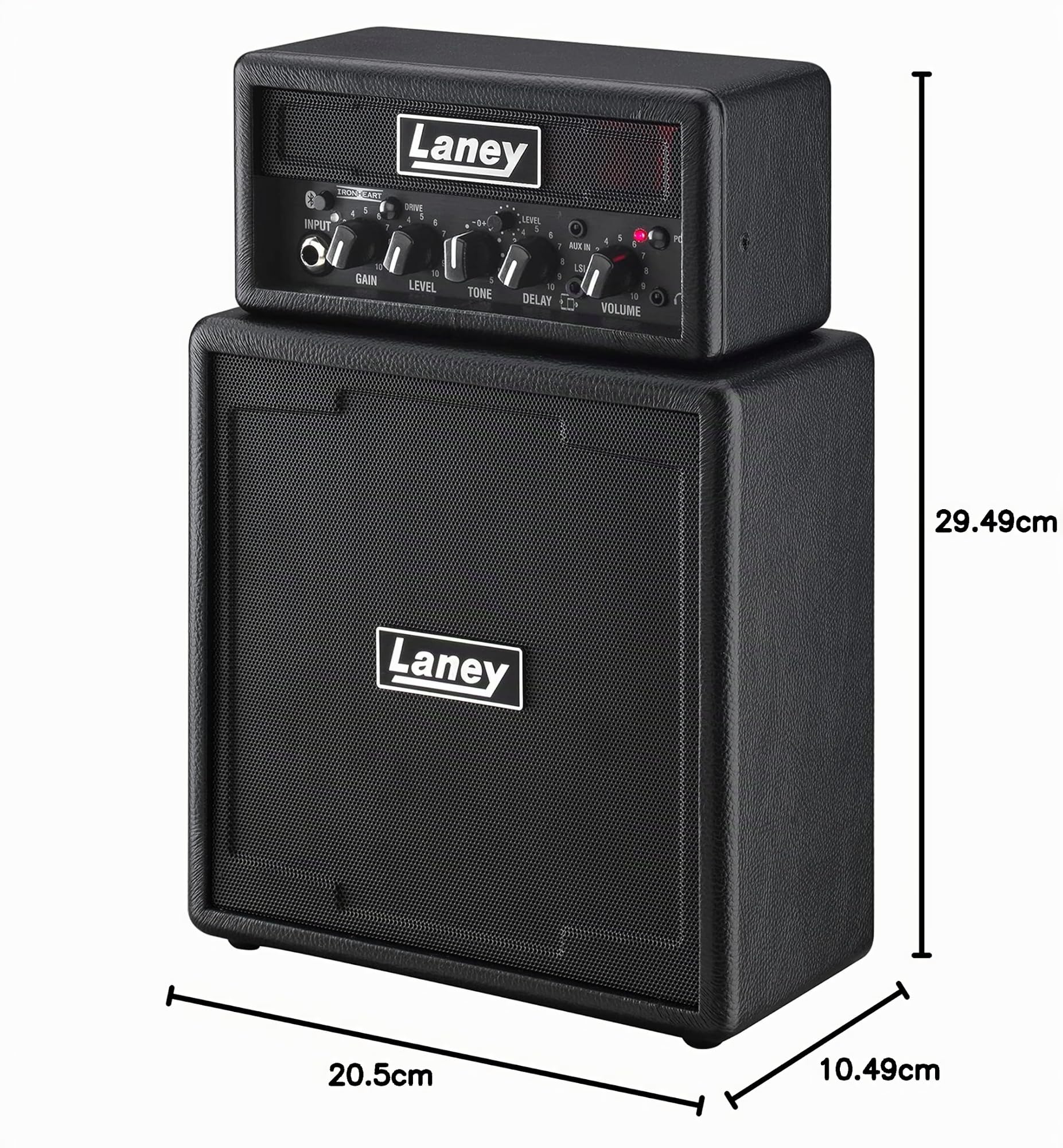 Laney MINISTACK-B Amplificador de guitarra Bluetooth – Mini pila portátil de 6W con batería - 4 altavoces, limpio/overdrive, retraso, entrada LSI para smartphone, entrada AUX - Ironheart