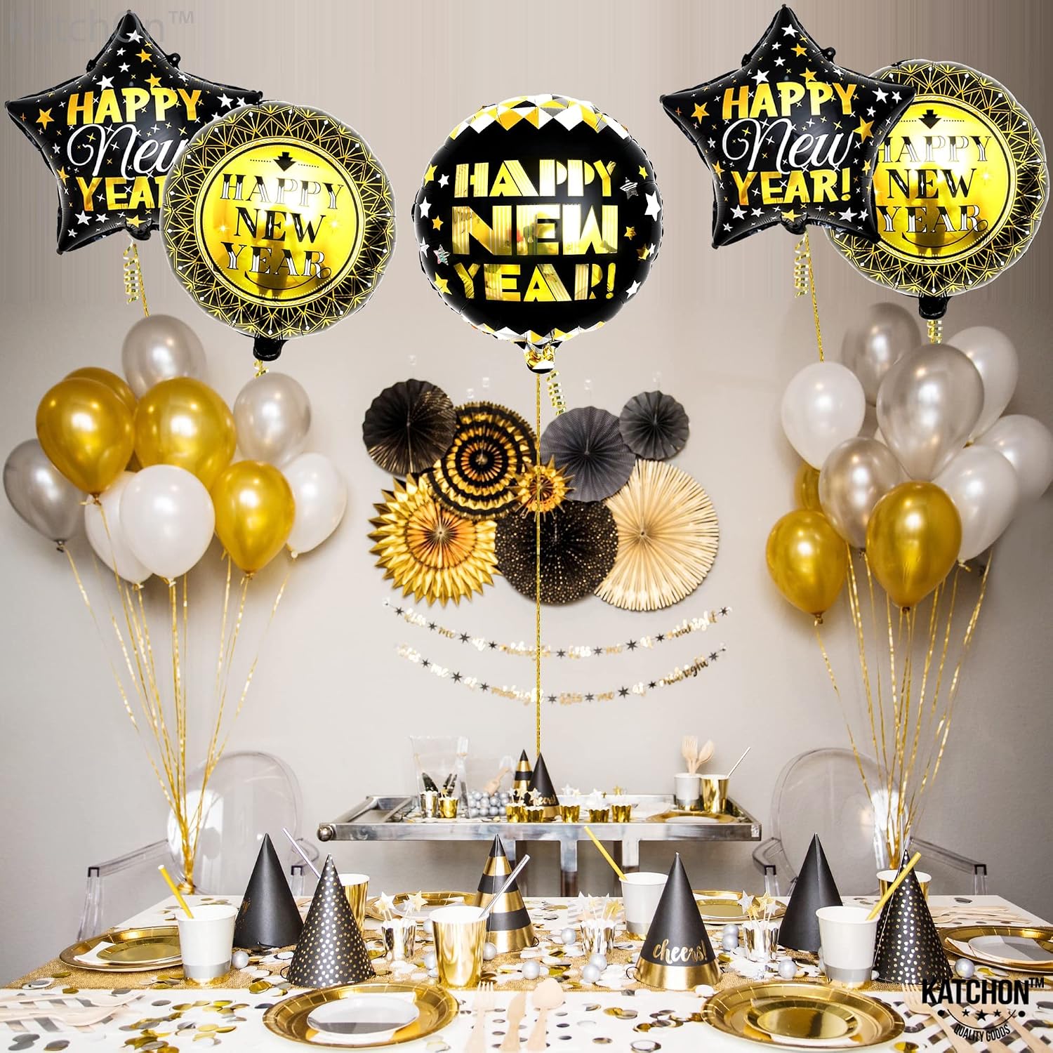 KatchOn, Black and Gold Happy New Years Balloons - 18 Inch, Pack of 5 | Happy New Year Balloon for New Years Eve Party Supplies 2026 | New Year Decorations 2026 | NYE Balloons Decorations 2026