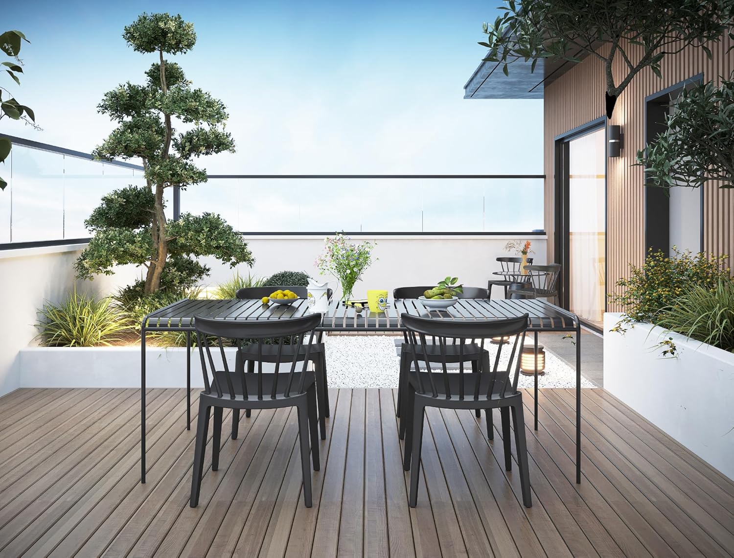 2xhome Stackable Modern Plastic Low Back Windsor Dining Chairs with Spindle Back for Kitchen Indoor Outdoor Patio Office Black