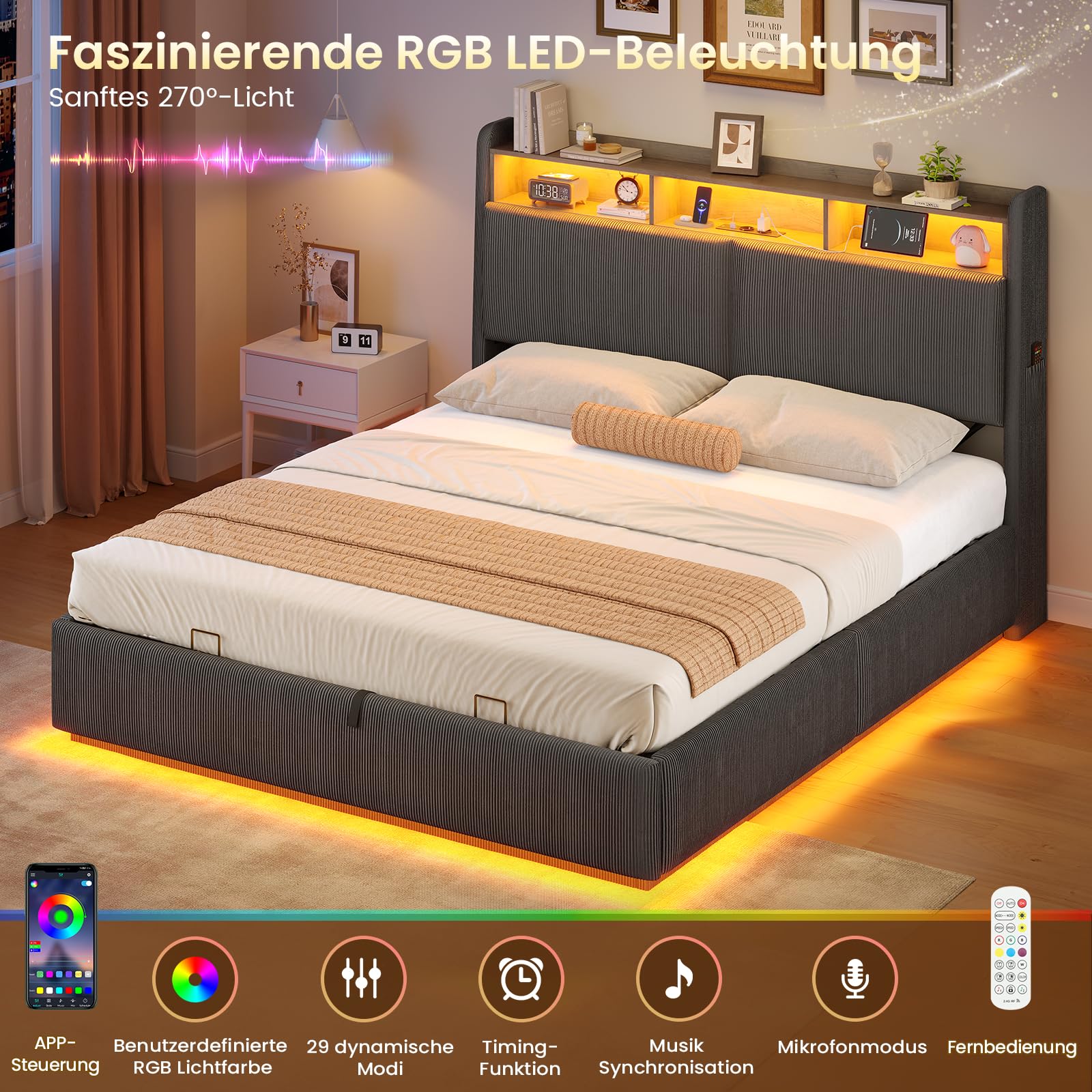 Hydraulisches Stauraumbett mit LED Beleuchtung und Steckdosen,Polsterbett mit Stauraum Kopfteil Jugendbett Betten mit HolzLattenrost & USB-Ladefunktion,Ohne Matratze (Dunkelgrau Cord, 140x200cm)