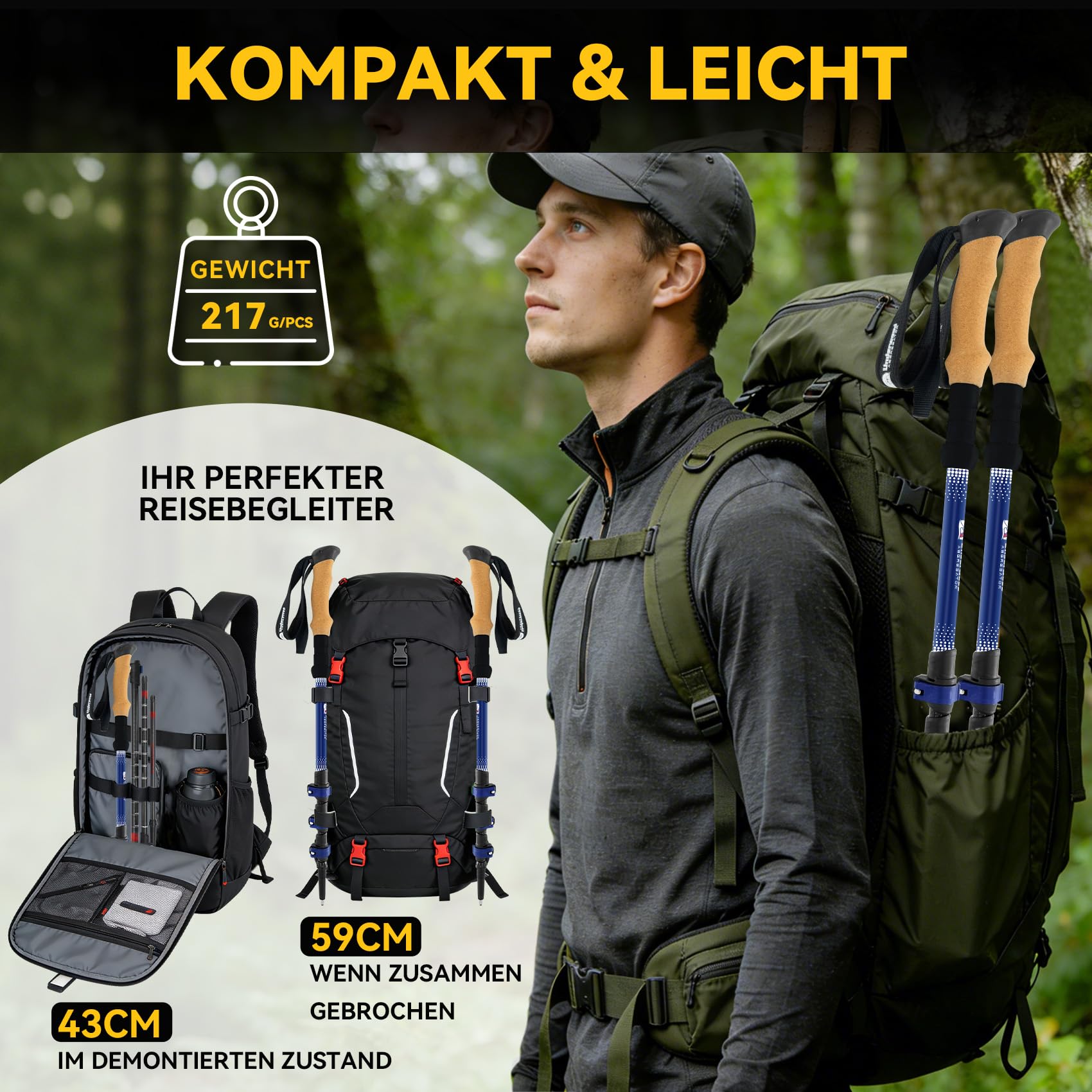 UnderwoodAggregator Carbon Trekkingstöcke – 2 Stück, teleskopierbar, verstellbar, mit Korkgriffen und Schnellverschluss – ideal für Damen, Herren, Rucksackreisen und Trailrunning