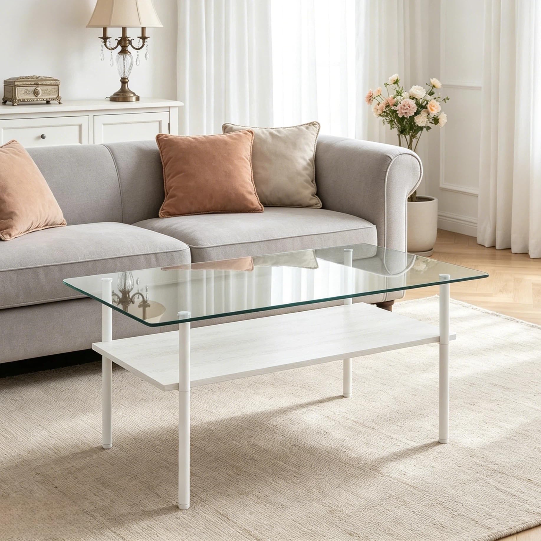 38.6 inch Glass Coffee Table for Living Room, 2-Tier Modern White Center Table with Tempered Glass Top, Wood Shelf &amp; Metal Legs, Accent Tea Table for Small Space, Apartment,Easy to Assemble