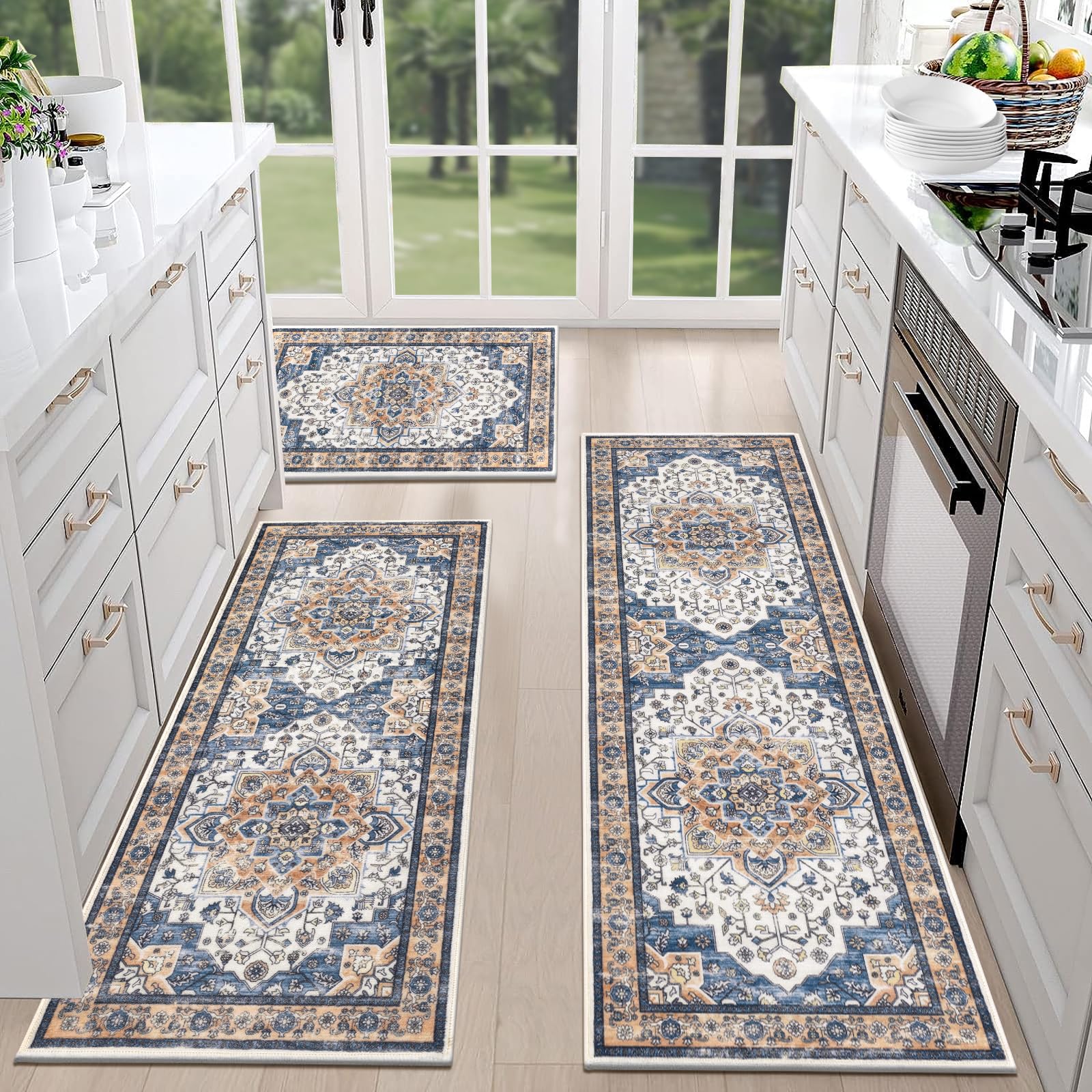 HEBE Farmhouse Kitchen Rugs Sets of 3 Non Slip Washable Boho Kitchen Rugs and Mats for Floor Kitchen Runner Rug Floor Carpet for Kitchen, Laundry,