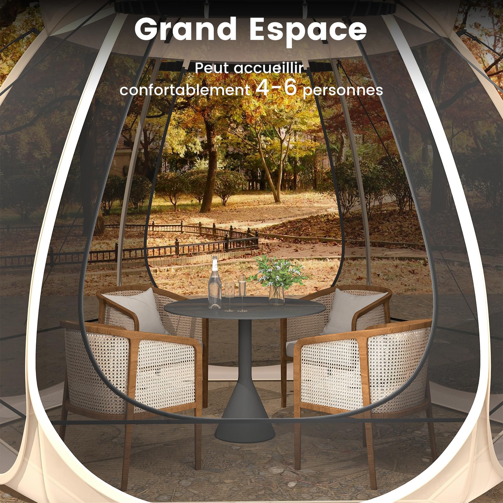 GOPLUS Tente Bulle Pop-Up 312x269x210 CM pour 4-6 Personnes, Dôme Extérieur Transparent en Fibre de Verre avec Porte Enroulable et Piquets, Cordes Anti-Vent, pour Camping/Pique-niques/Sport