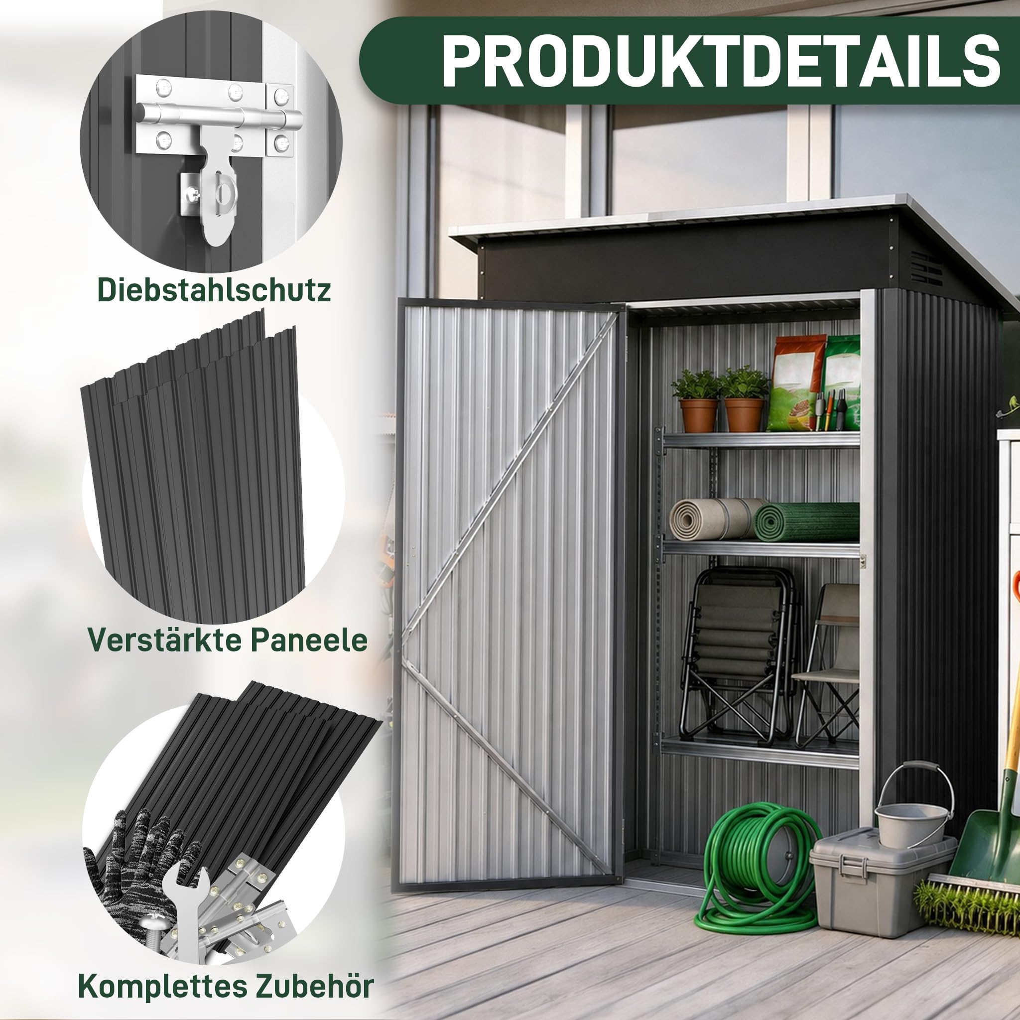 Metall Gerätehaus 138x75x162cm Geräteschuppen mit Pultdach abschließbarer Tür, Stark & Rostfrei wetterfestes Gartenhaus 2m³ Outdoor Garten Schuppen Schrank für Hinterhof Rasen Schwarz