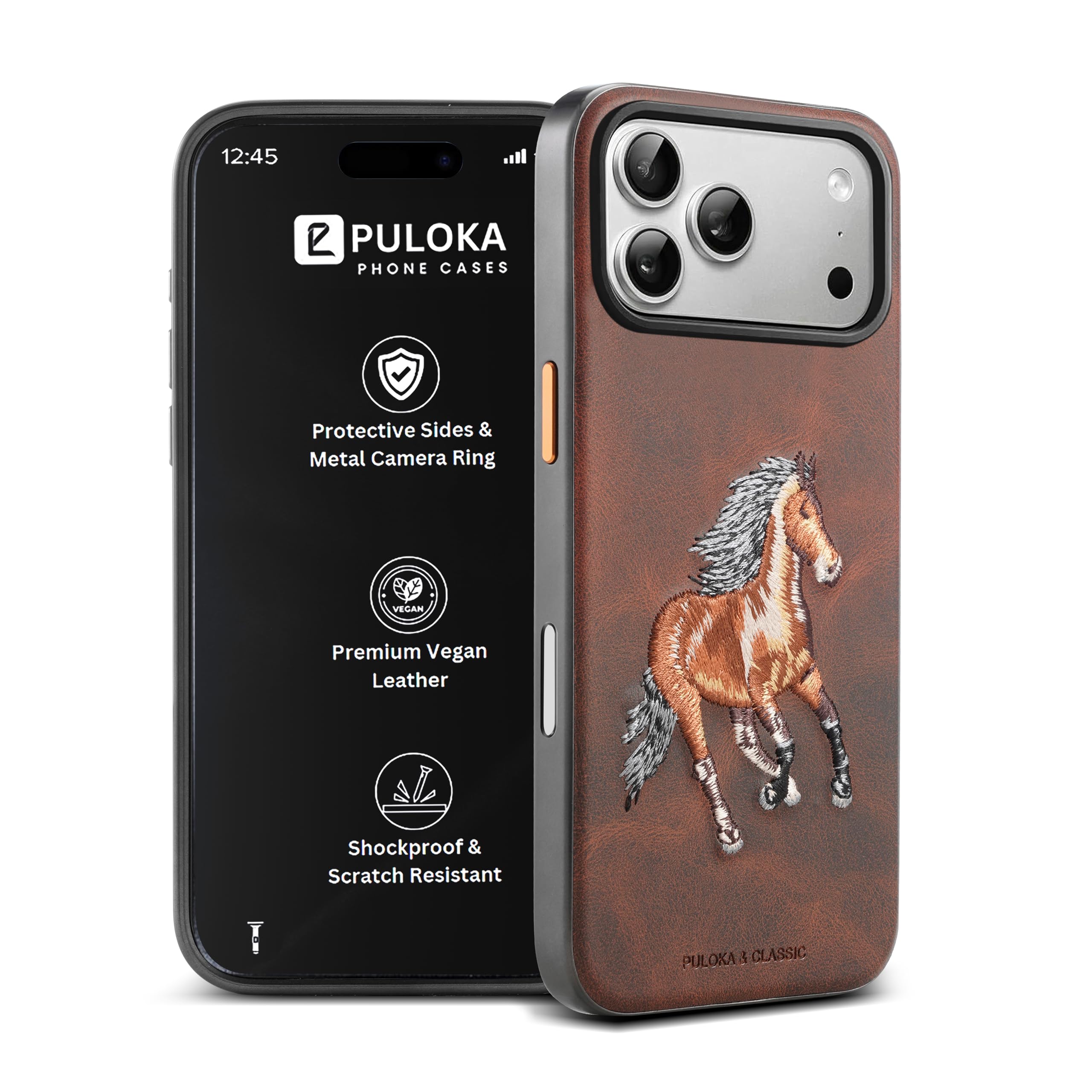 PULOKA Horse Embroidery Mobile Cover Compatible with iPhone 17 PRO Sleek & Stylish - Protective & Anti Scratch Phone Cover Vegan Leather Back Case - Men & Women - Santa Barbara Polo (Brown)