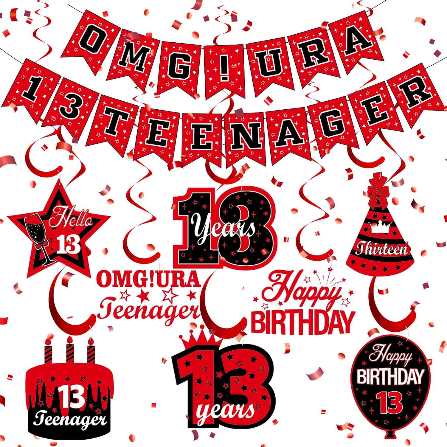 RUMIA 9PCS Red Black 13th Birthday Decorations for Boys Girls - OMG UR A 13 TEENAGER Banner & Hanging Swirls - Happy 13th Birthday Party Supplies