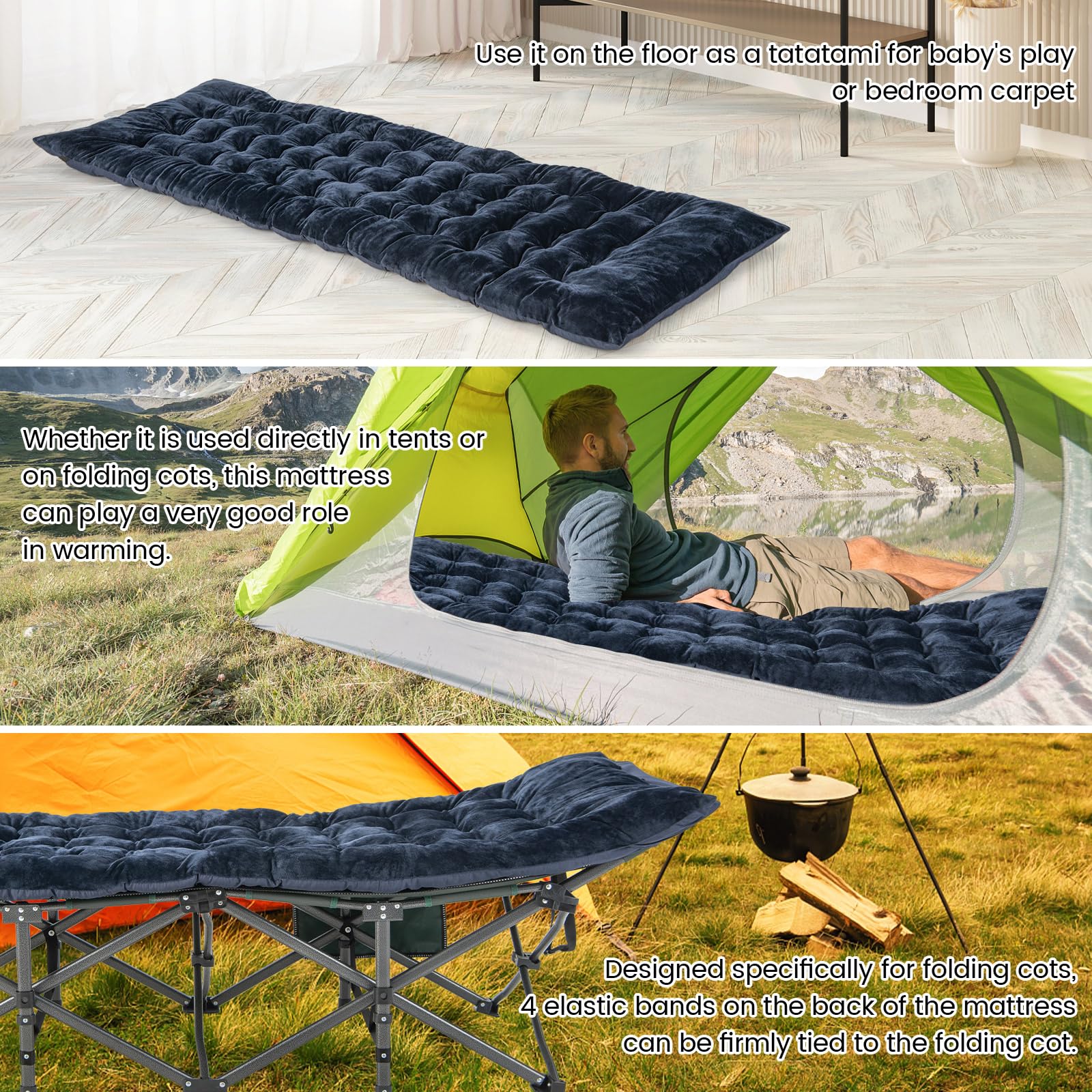 GYMAX Matelas de Lit de Camping 190 cm avec Velours Cristal Doux (Marine) | Matelas de Sommeil Respirant, Matelas de Lit de Camp Léger pour Randonnée, Camping, Voyages
