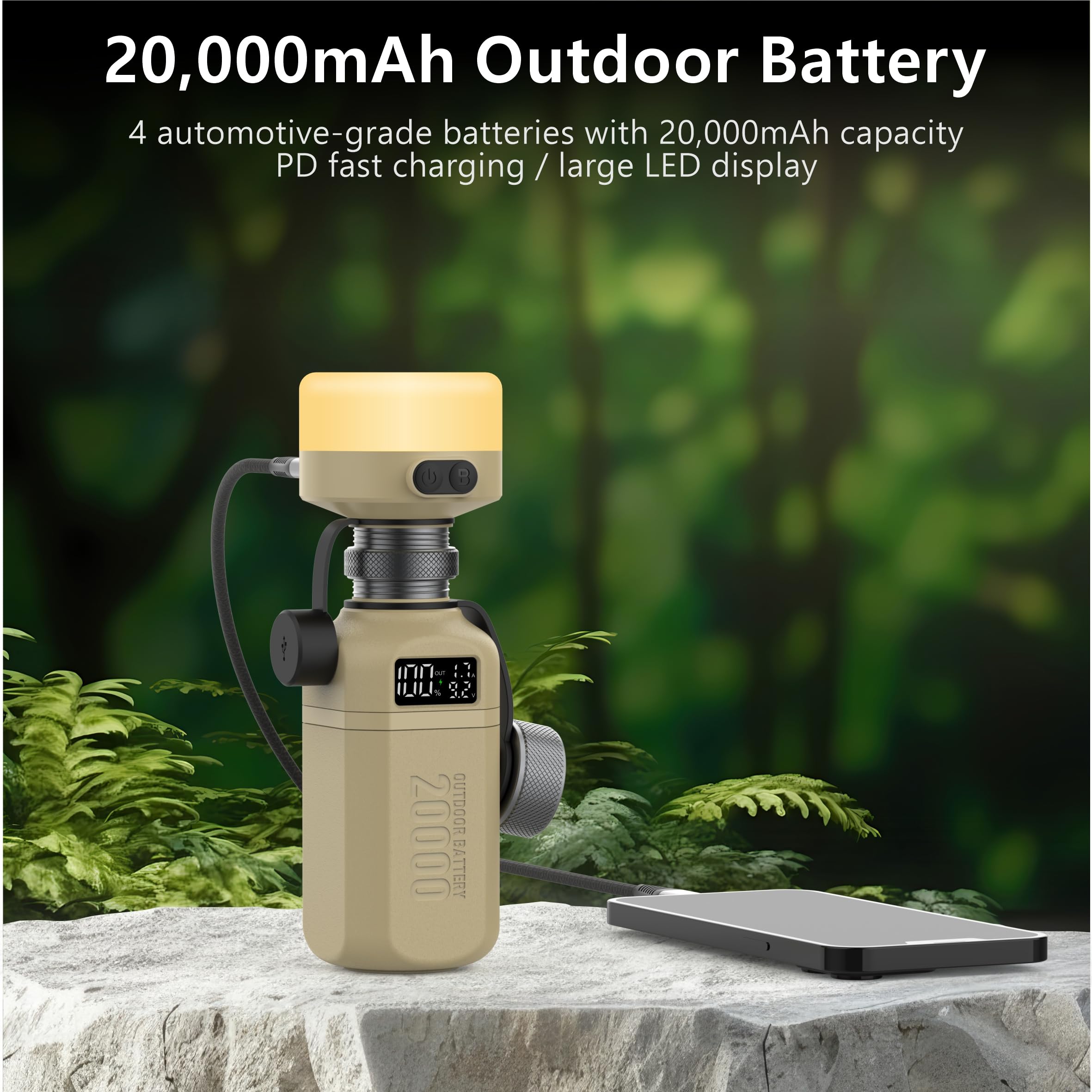 20.000 mAh Robuste Powerbank mit Schnellladung USB-C PD, IP68 Wasserdicht Stoßfest, Inklusive 420lm Helle Campinglaterne, Taktisches Outdoor-Ladegerät für Wandern Camping Survival Notfall