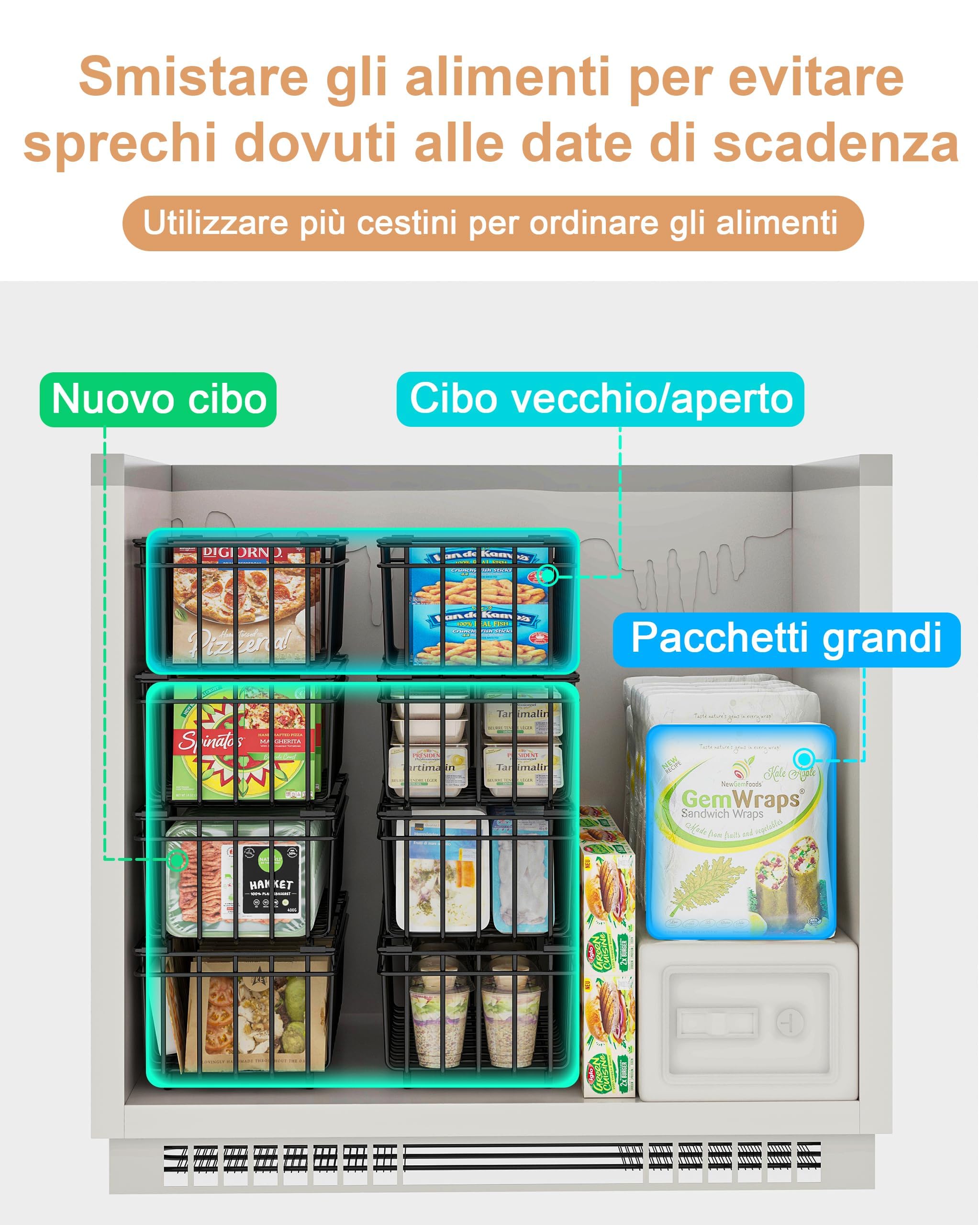 UMDONX 8 pezzi cestini congelatore petto Nero - Maniglia impilabile cestini congelatore, facile accesso, organizzare gli ingredienti congelati (37x18x15cm)