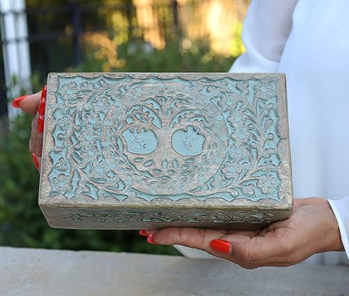 Miniatura 10 de Caja de almacenamiento KayJayStyles, de madera, tallada a mano, para joyería, Palo de rosa, Tree of Life, L