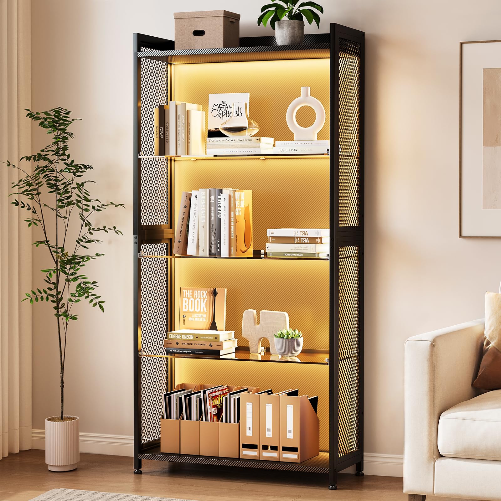 Coleshome Vitrine RGB LED 4 Ebenen, Offene Glasvitrine, 160cm, Schwarz