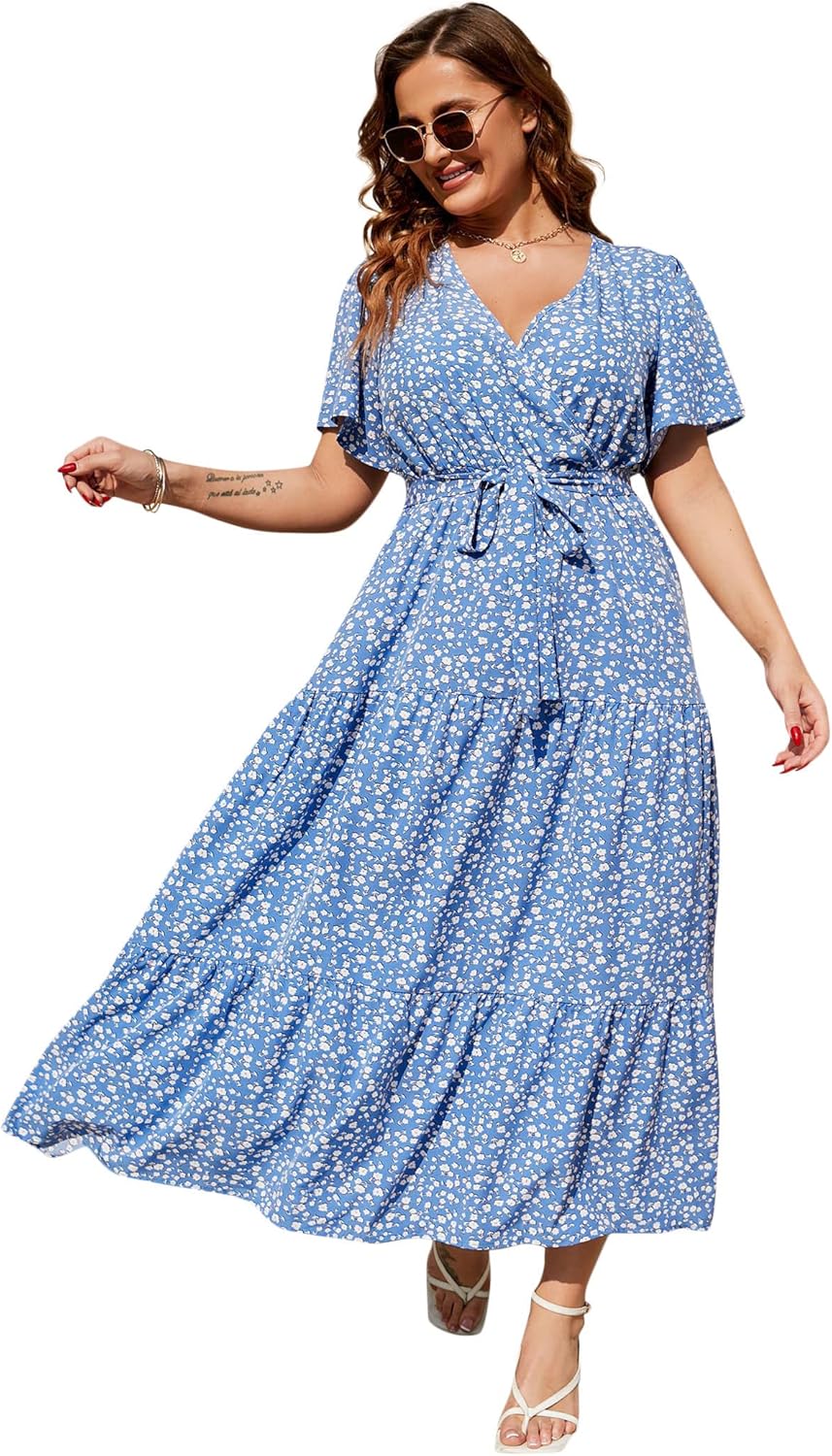 Size 4X KOJOOIN Women Plus Size V Neck Wrap Maxi Dress High Waist Ruffle Short Sleeves Casual Summer Dress with Belt 4X-Large Blue Flower