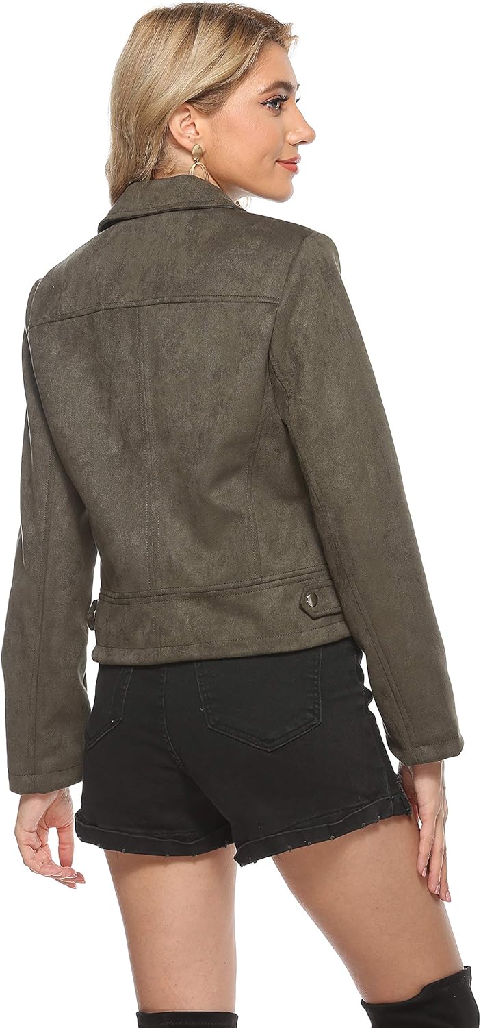Tanming Women's Faux Leather Moto Biker Short Coat Jacket H Suede-armygreen Small