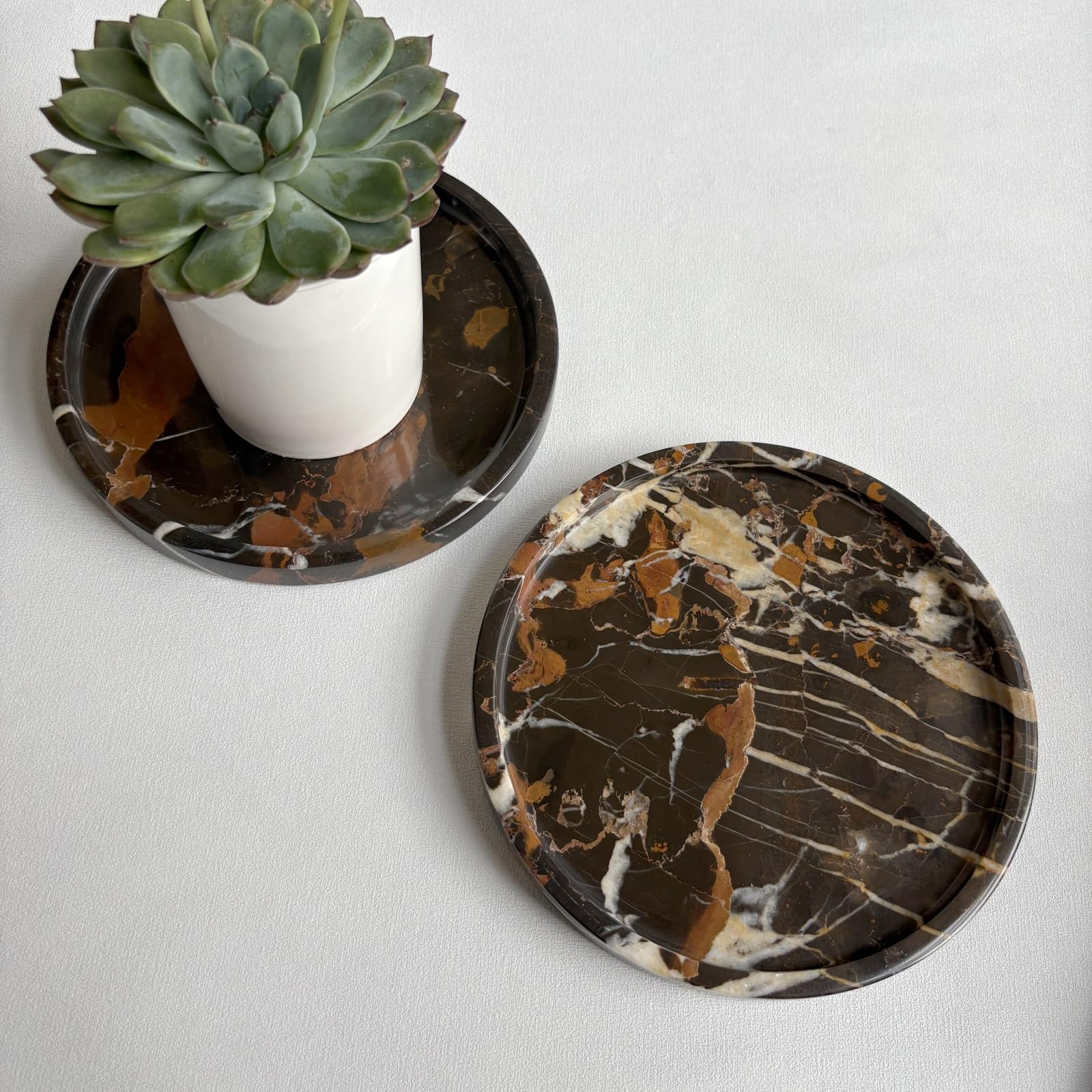 StonePlus Natural Marble Stone Carving 7.9 inches Round Small Tray Jewelry Trinkets Sundries Storage Dish (Black Brown)