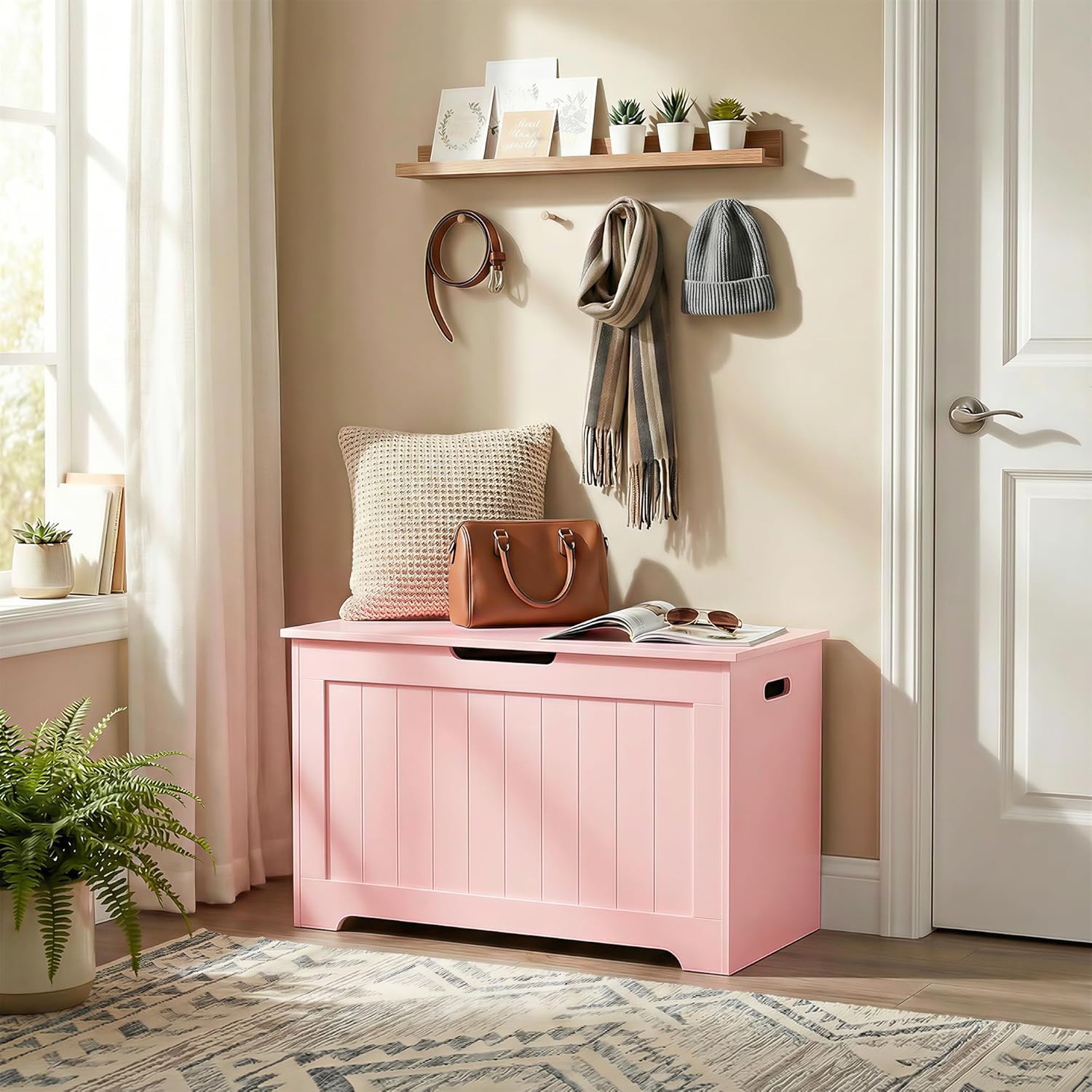 JungleA 30'' Box Storage Chest Trunk, Wooden Storage Bench Organizer Box Shoe Blanket Chest, w/2 Safety Hinges, for Living Room, Bedroom, Entryway, Pink