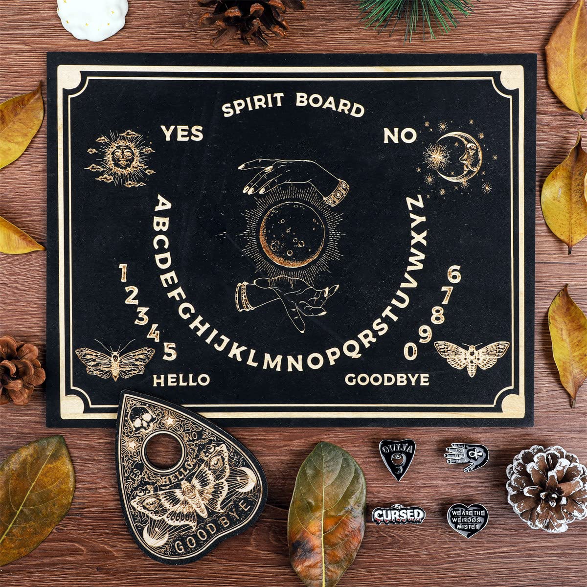 Spirit Board & Planchette Kit 11.8 ‘’ X 9.0 ‘’ dowsing Divination Board Set Black Wooden Talking Board, Laser Engraved Answers Board