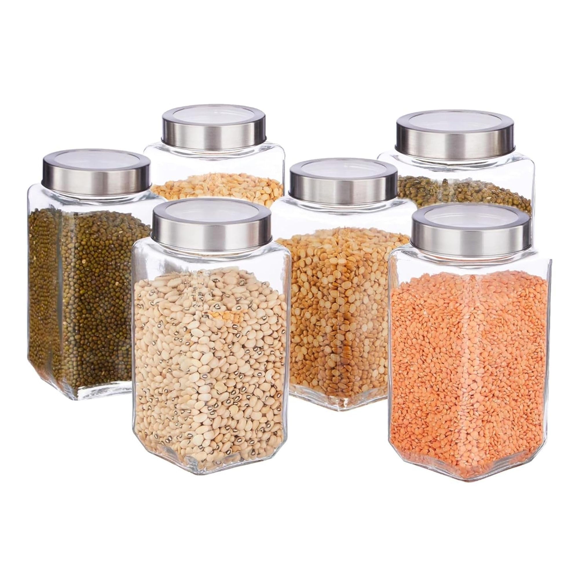 Vency Glass Square Shape Transparent Glass Jars & Containers For Kitchen Pantry,Snacks,Masala,Pickles,Dry Fruits,Coffee Beans Storage With Steel See Through Lid(Set Of 6)(1000Ml Steel Cap),Blue