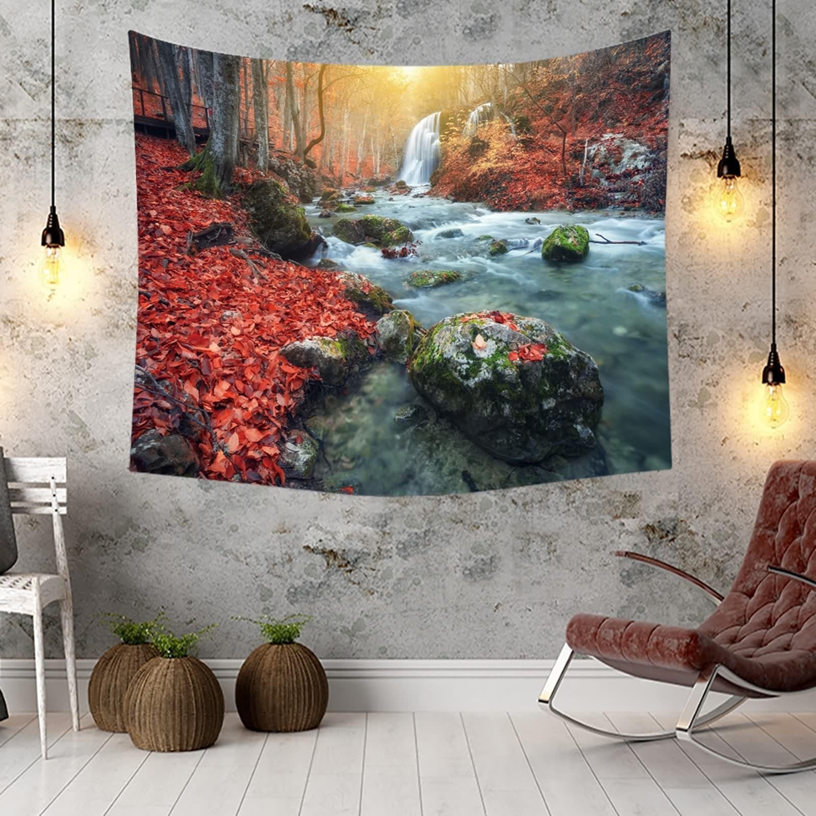 Skcess Wandteppich Rot Braun Weiß, Polyester Tapestrie Herbstthema Wald Und Flüsse Tapisserie für Wohnzimmer Schlafzimmer Wanddeko Wandteppich 350x256CM