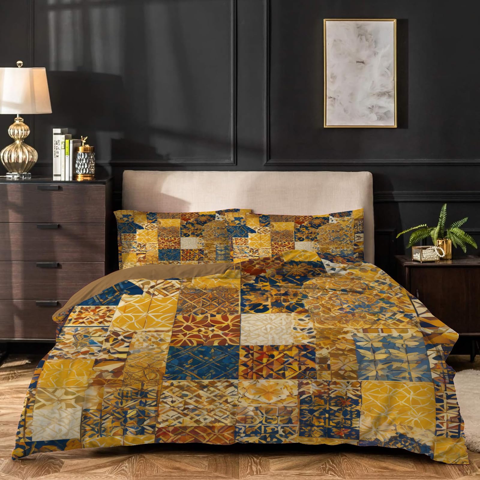 Dyausi Yellow Emperor Duvet Cover Set Patchwork Stylish Bedding Set 3Pcs With Zipper Closure For Man Woman Reversible Microfiber Quilt Cover 290X235cm And 2 Pillowcases 50X75cm