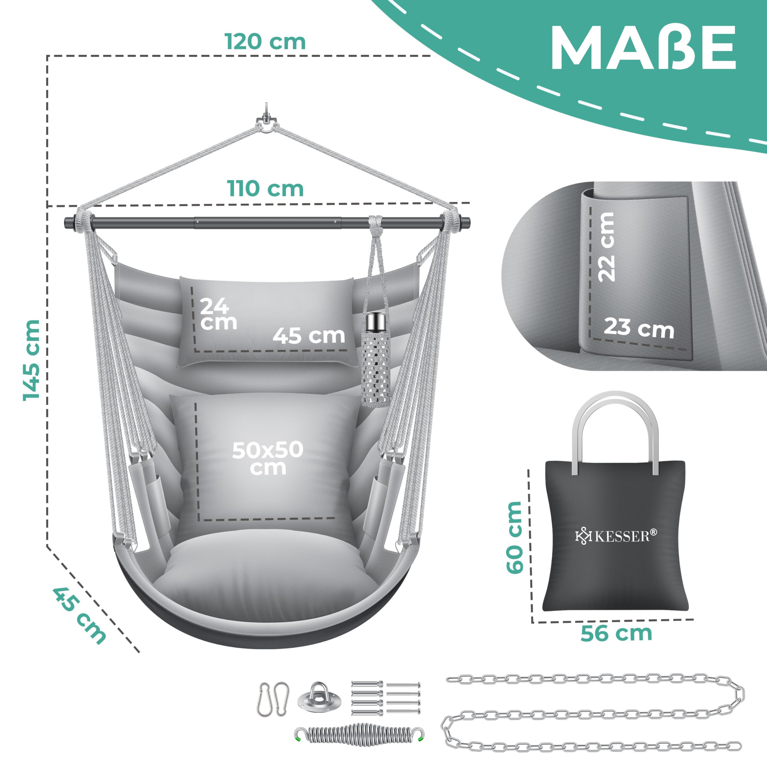 KESSER® Poltrona sospesa Haiti, portata 150 kg, girevole a 360°, altalena sospesa per interni ed esterni, resistente ai raggi UV e all'acqua, facile da pulire, include 2 cuscini, borsa per il