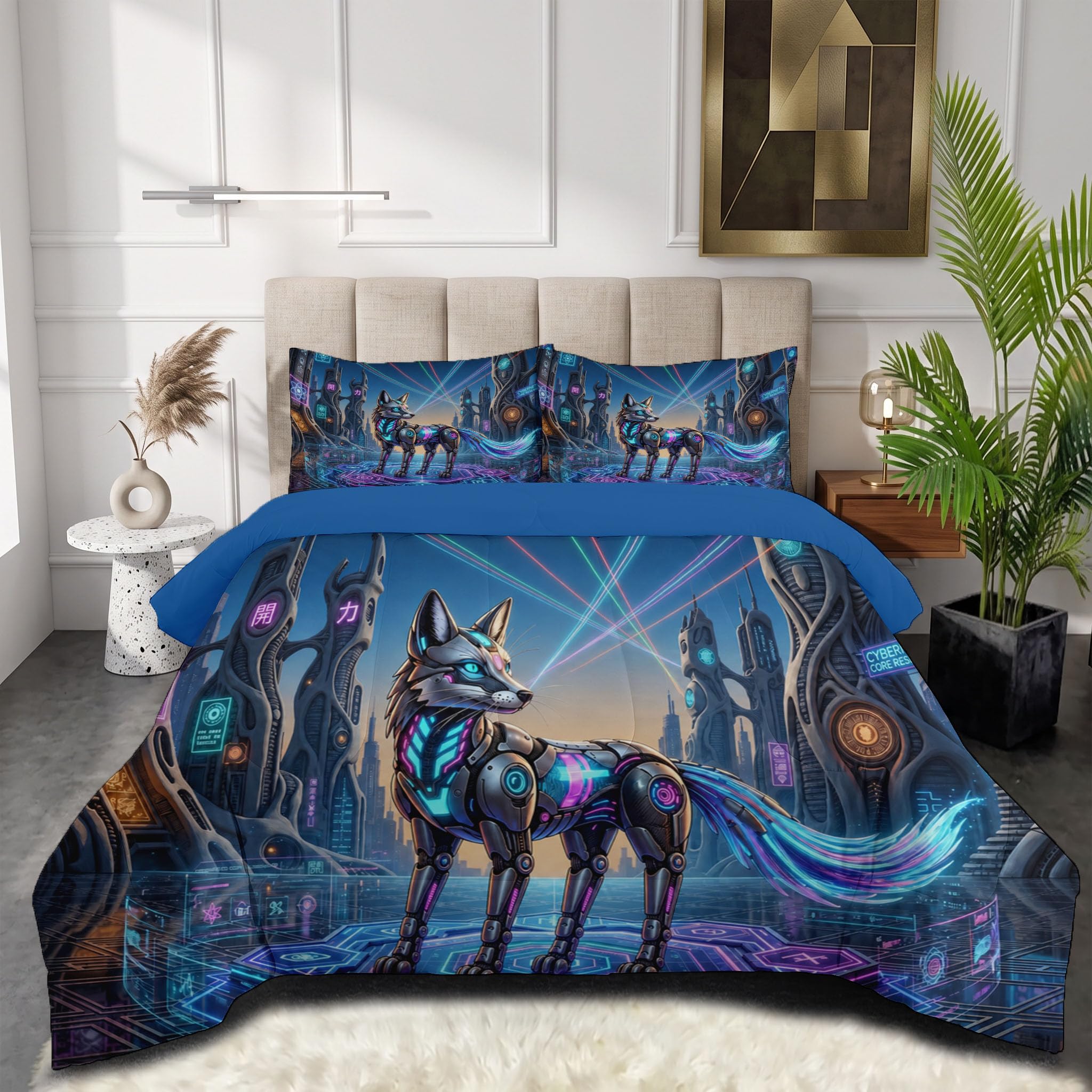 Piumone 2-In-1 Letto Singolo 140X200 Cm Animali Cibermeccanici | Trapunta E Piumino Reversibile 4 Stagioni, Architettura Futuristica Volpe, Copriletto Lavabile Morbido Leggero, Blu Navy