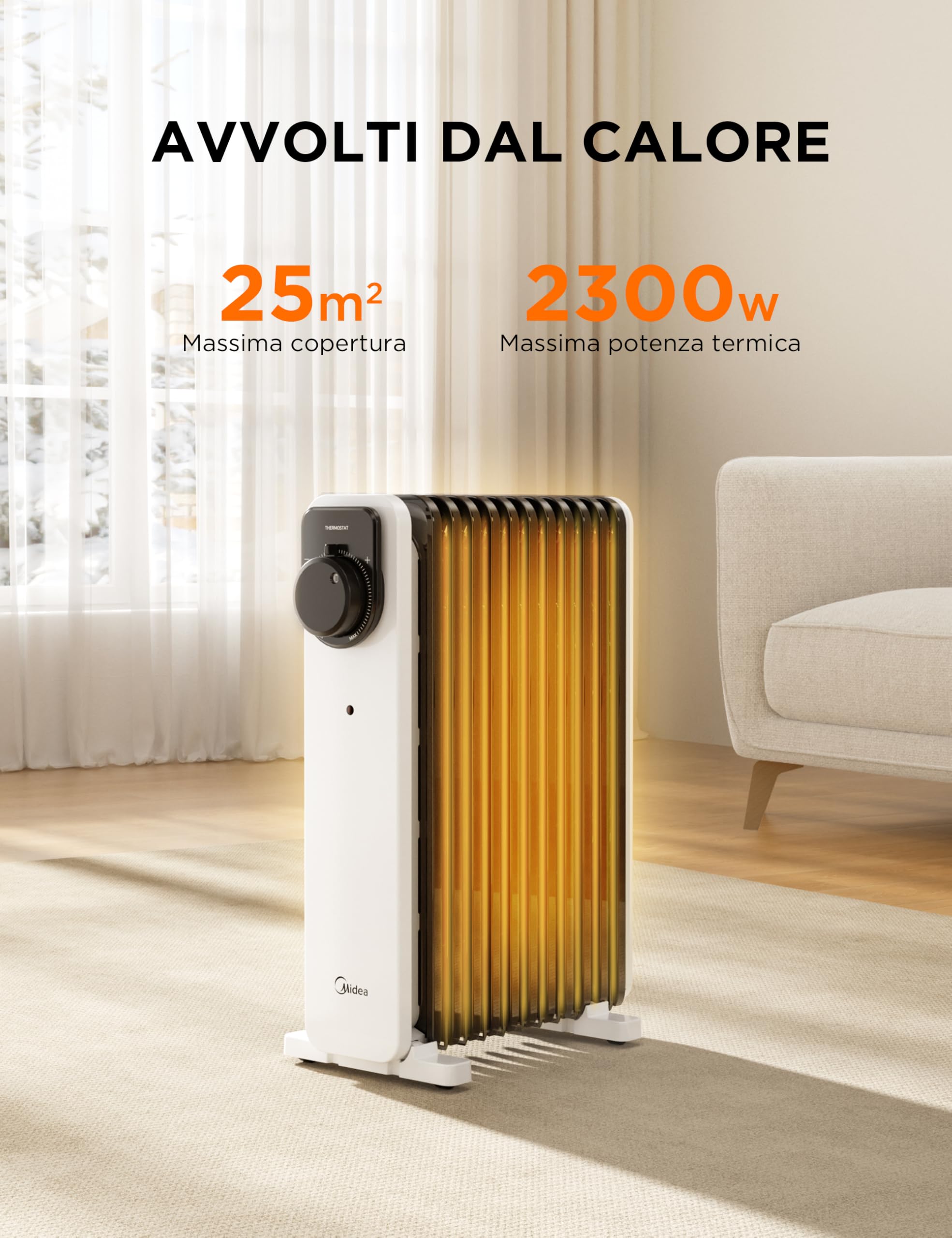 Midea Termoconvettore a Olio, 2300W, 11 alette, Controllo a Manopola, Termostato Regolabile, 3 Livelli di Calore, Protezione da Ribaltamento e Surriscaldamento, Ultra Silenzioso per Ufficio e Casa