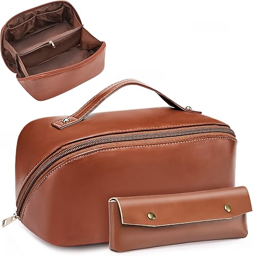 BAGMIND Paquete de 2 bolsas de maquillaje bolsa de cosméticos de viaje de gran capacidad bolsa de cosméticos portátil de cuero durazno de gran