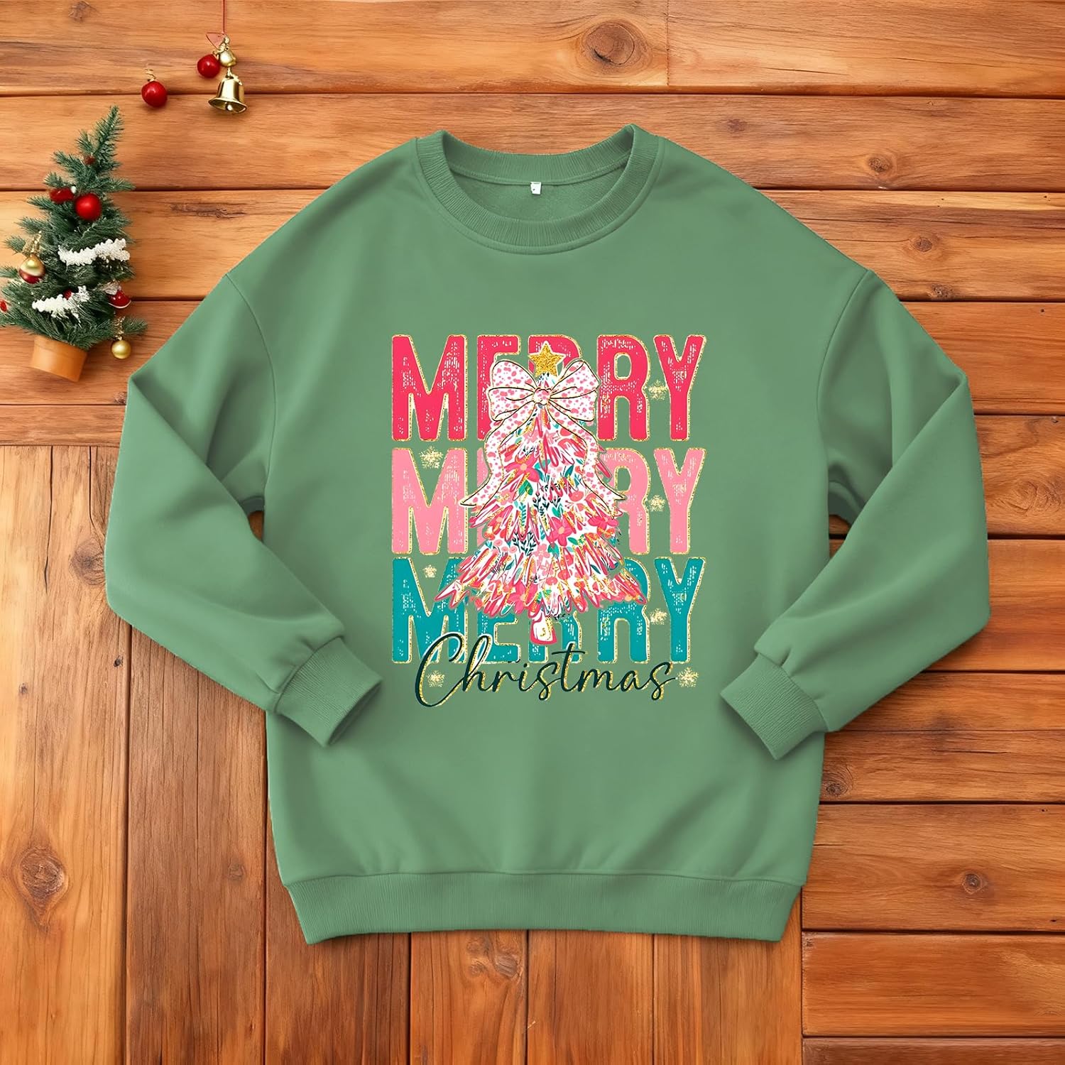 Women’s Christmas Sweatshirt Bow Merry Xmas Tree Crewneck Pullover Long Sleeve Sweater Oversized Tops Holiday Shirts - Image 6