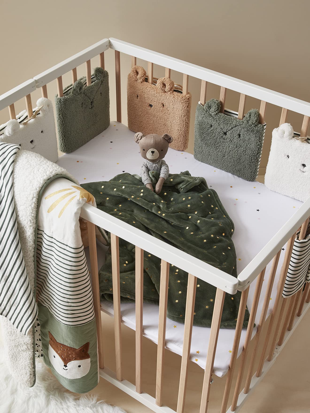 Vertbaudet Baby Bettumrandung „Grüner Wald“ Oeko-Tex wollweiß/Mehrfarbig ONE Size
