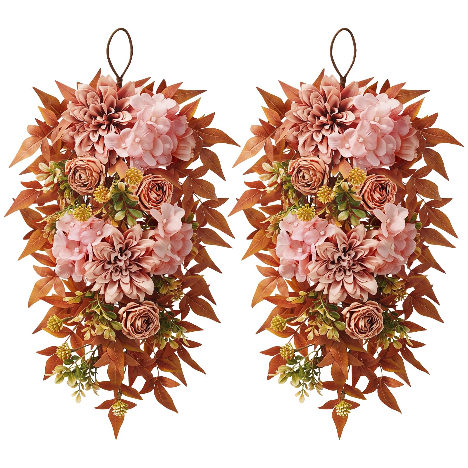 Floriv 24" Artificial Fall Teardrop Swags for Front Door, 2 Pack | Artificial Hanging Autumn Teardrop Wreaths for Window Wall Hallway Rustic Thanksgiving Harvest Decor