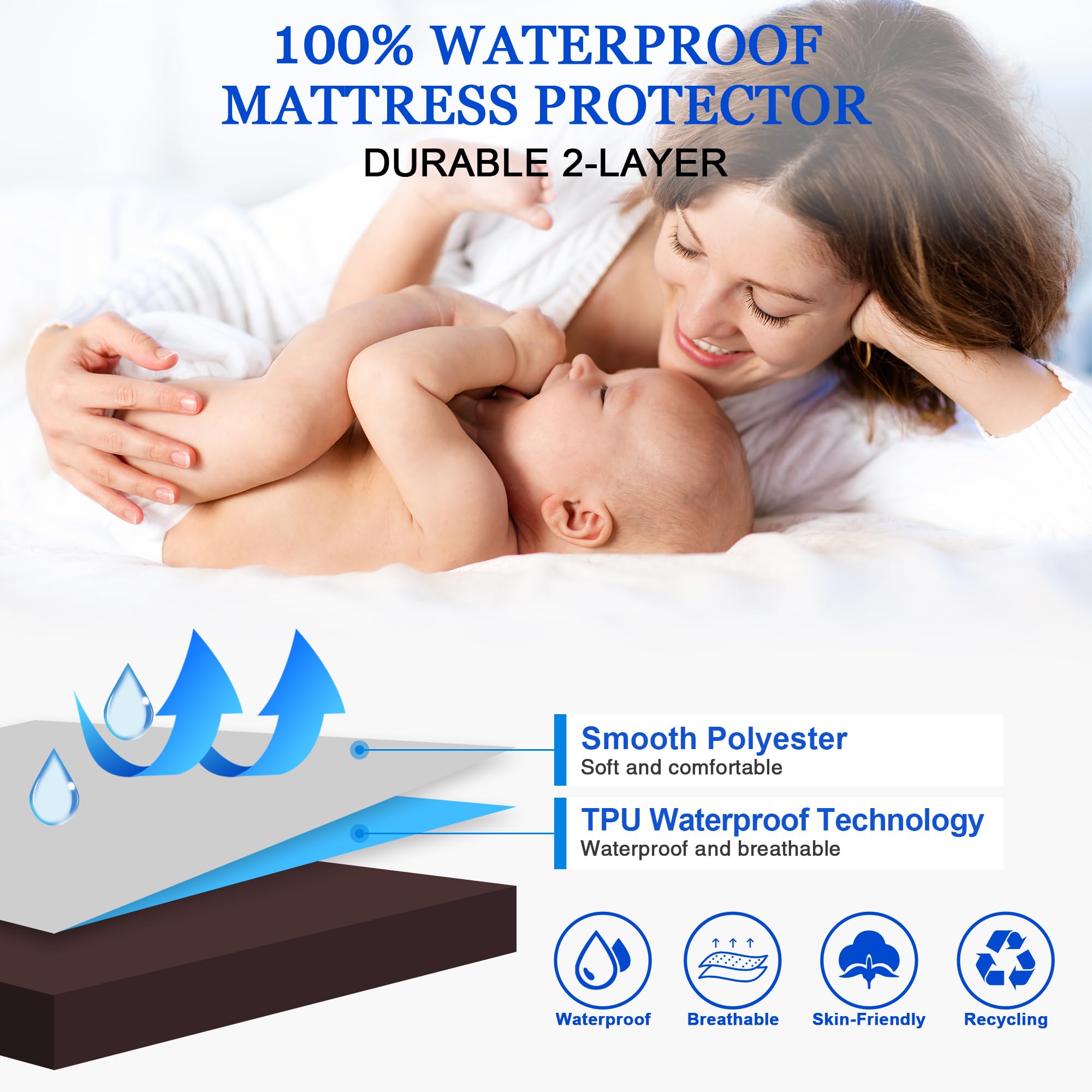 Mattress Protector Waterproof Fitted Sheet, 90x190cm Mattress Cover with Rubber Band - Brown, Single: 90x190cm - Image 2