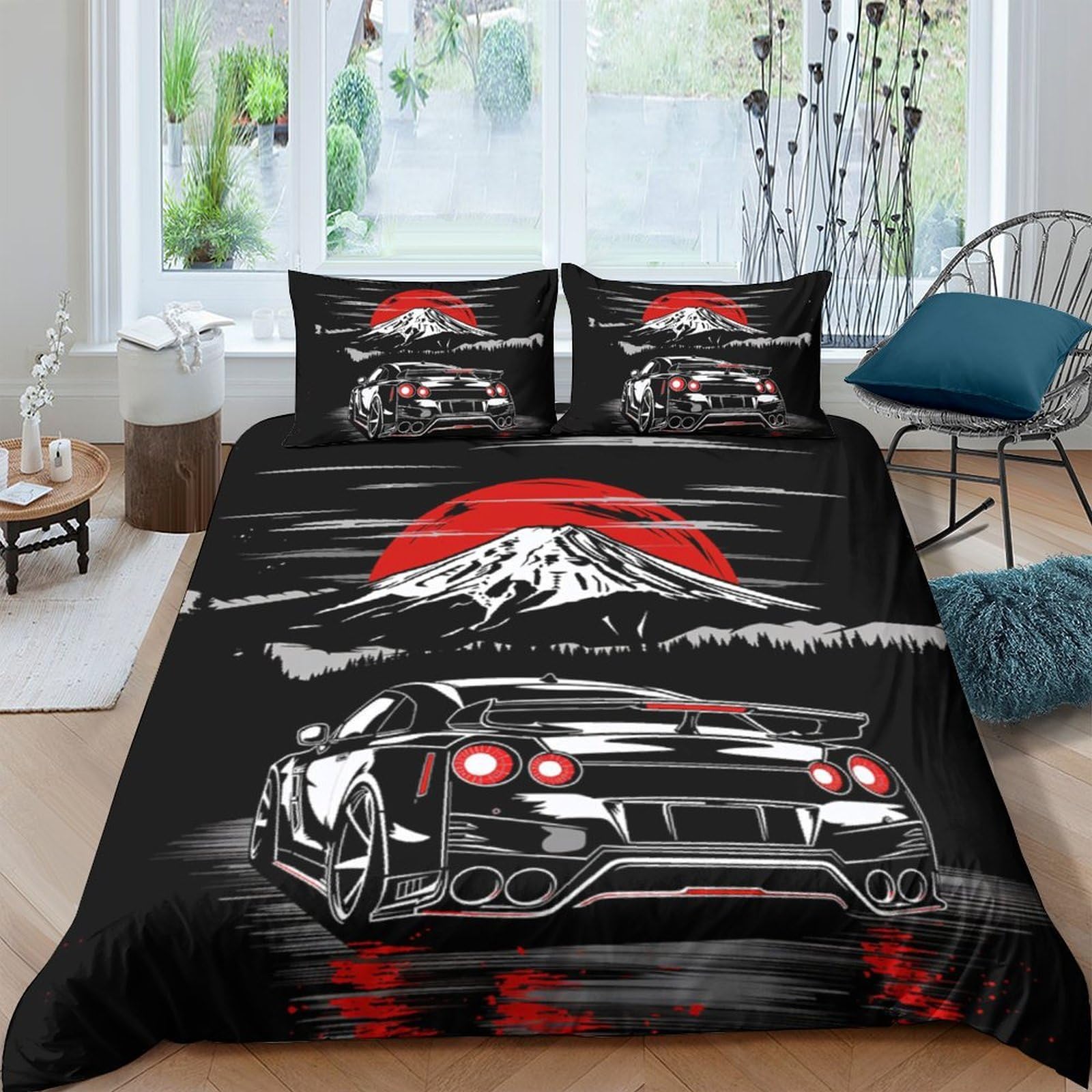 GPLZQXKJNH 3D Printed Sports Car Night View Duvet Cover Microfiber Soft Breathable Mountain Sunset Bedding Set with 2 Pillowcases for Bedroom Decor, Single（135x200cm）