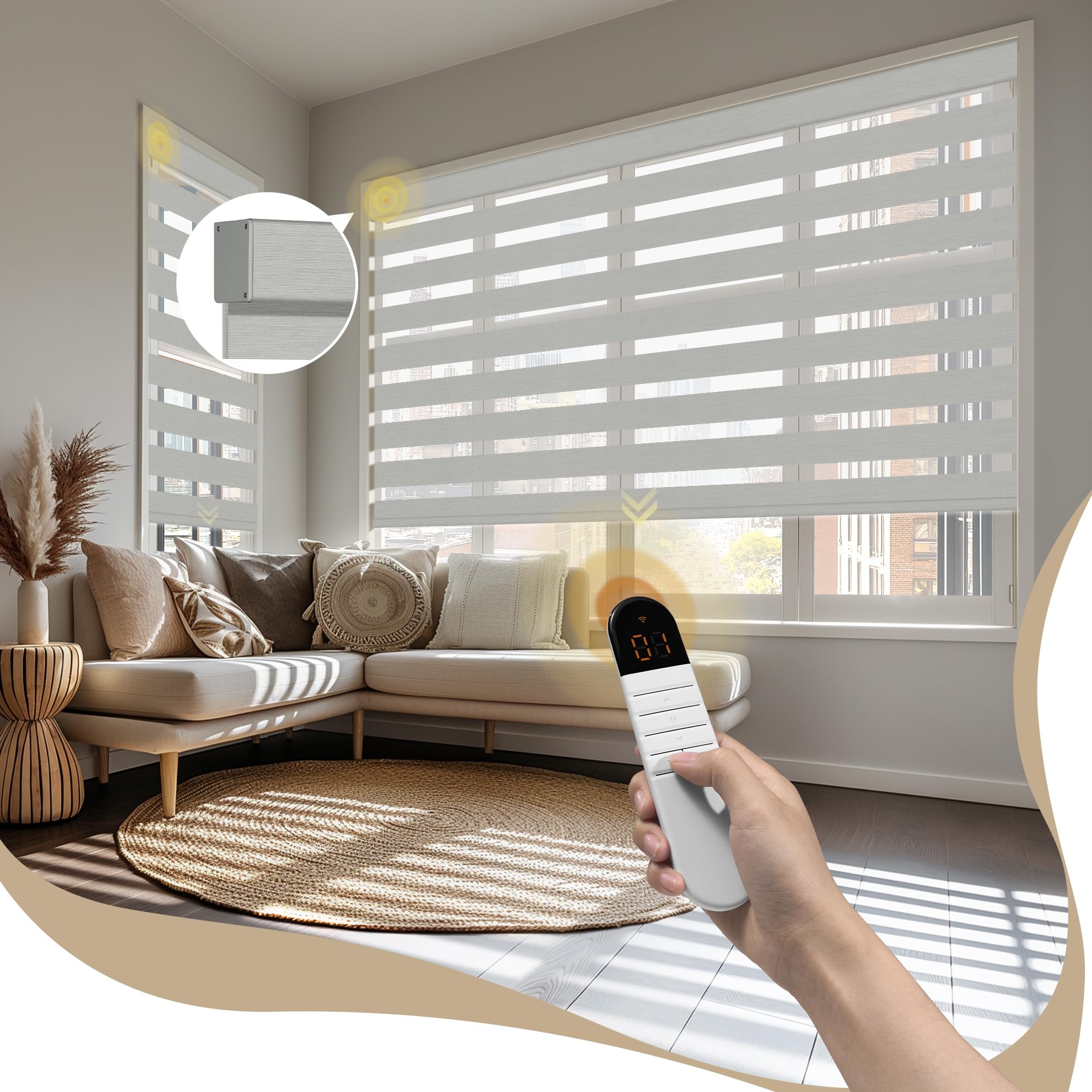 Motorized Zebra Blinds with Remote, APP Control - 95% Blackout Light Grey