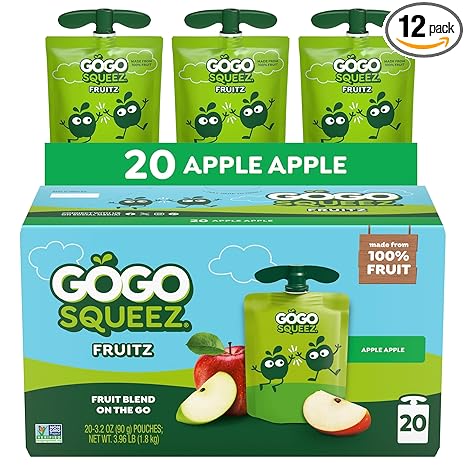 GoGo squeeZ Fruit on the Go, Apple Apple, 3.2 oz (Pack of 20), Unsweetened Fruit Snacks for Kids, Gluten Free, Nut Free, and Recloseable Cap, BPA Free Pouches (Packaging May Vary)