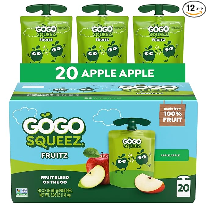 GoGo squeeZ Fruit on the Go, Apple Apple, 3.2 oz (Pack of 20), Unsweetened Fruit Snacks for Kids, Gluten Free, Nut Free, and Recloseable Cap, BPA Free Pouches (Packaging May Vary)