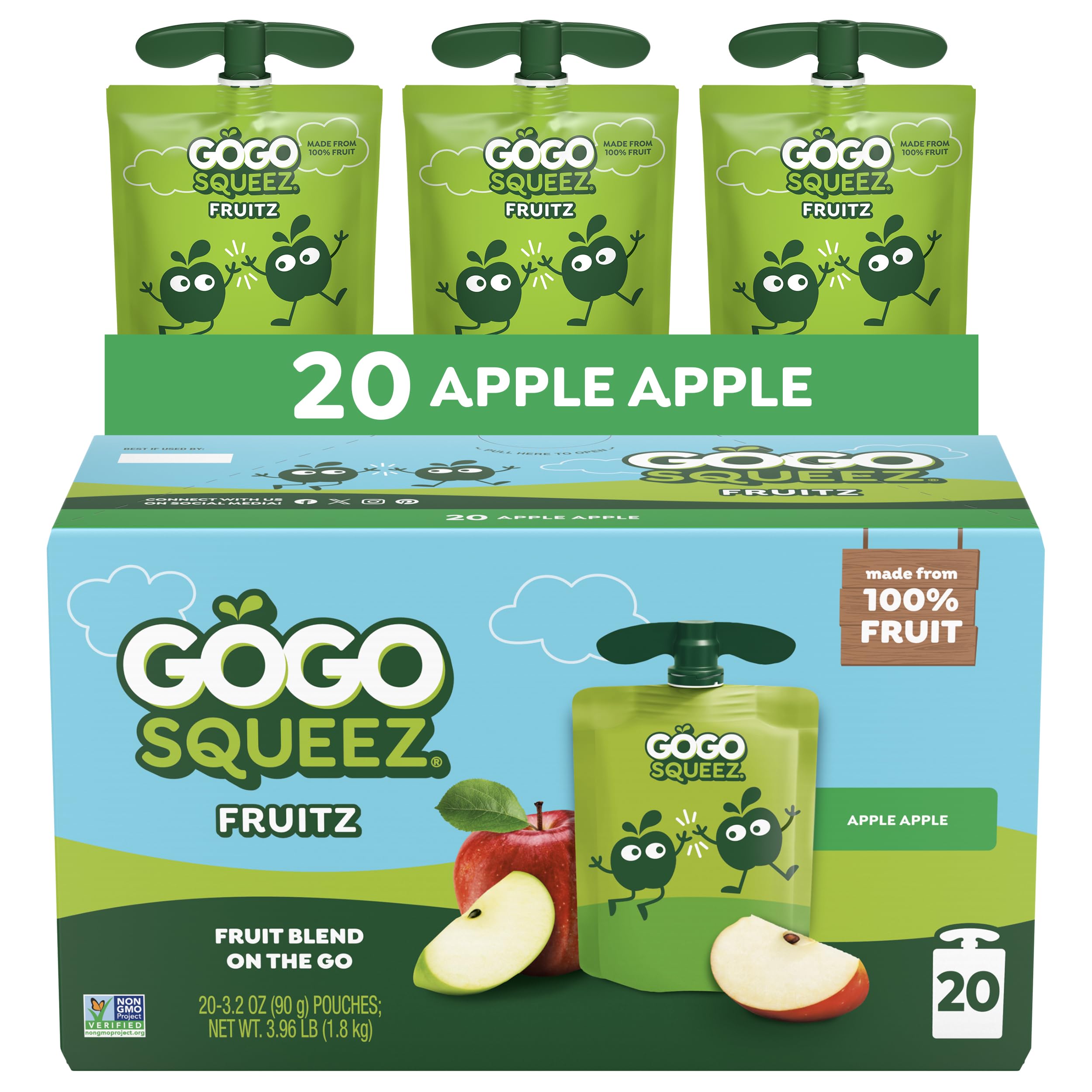 GoGo squeeZ Fruit on the Go, Apple Apple, 3.2 oz (Pack of 20), Unsweetened Fruit Snacks for Kids, Gluten Free, Nut Free, and Recloseable Cap, BPA Free Pouches (Packaging May Vary)