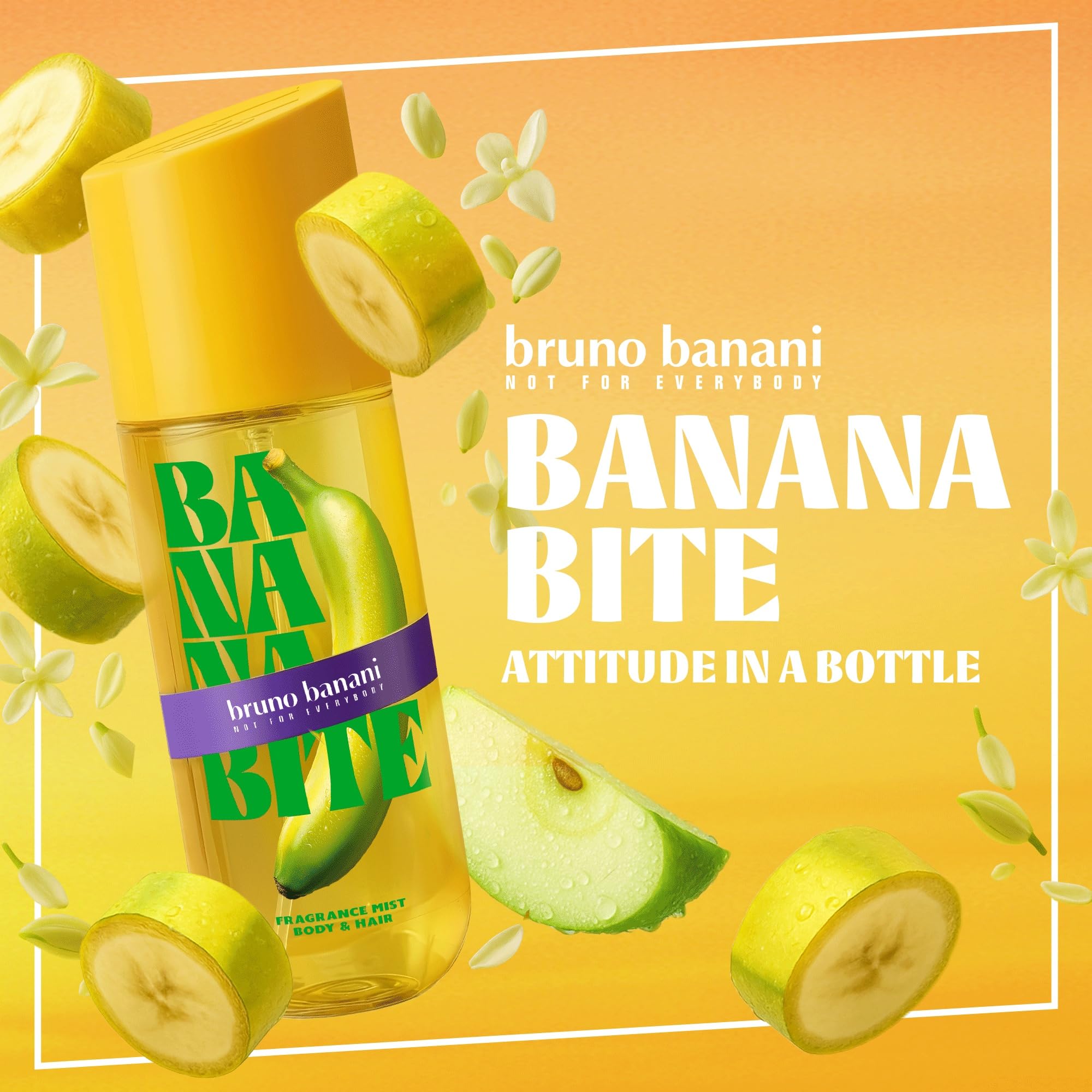 bruno banani Banana Bite, długotrwała mgiełka do ciała i włosów dla kobiet, o zapachu wody kokosowej i banana, 236 ml