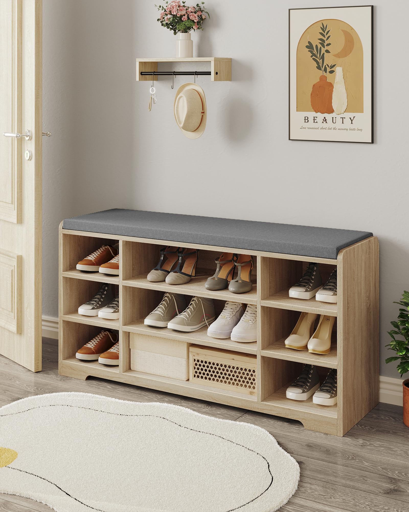 HzuaneriBanc à Chaussures, 9 Compartiments, Ivoire Clair | Meuble de Rangement Chaussures réglable, Assise Rembourrée, pour Entrée, l'entrée, la Chambre, SB10016GY