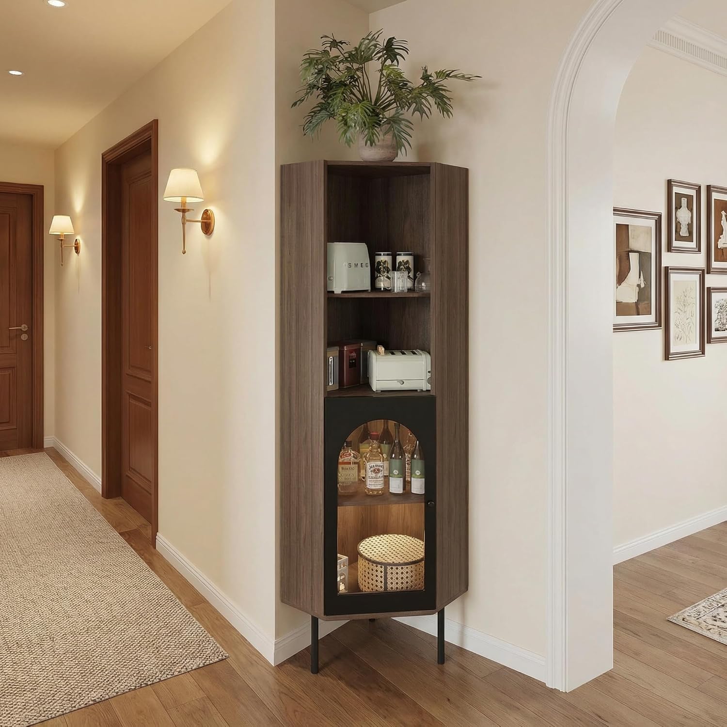 Medieval Modern Corner Cabinet 66.93 Inch Tall Wooden Display Locker with Open Shelf and Arch Glass Door, Versatile Furniture for Living Room, Dining Room, Bedroom, Hallway, Walnut