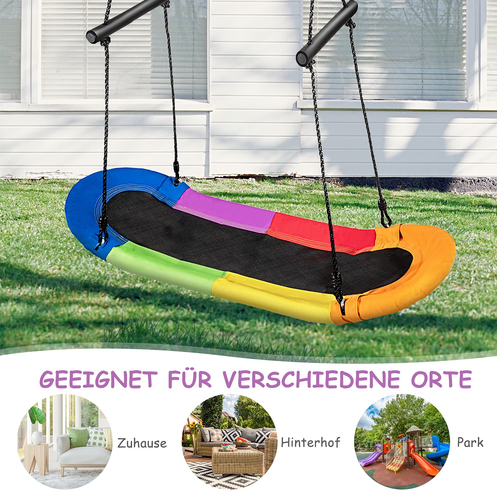 GOPLUS Höheverstellbare Schaukel bis 150 kg belastbar, Gartenschaukel für Erwachsene oder Kinder, extra breiter Sitz für Mehrkind, ahmen aus Stahl, Kinderschaukel für Innen und Außenbereich (Bunt)