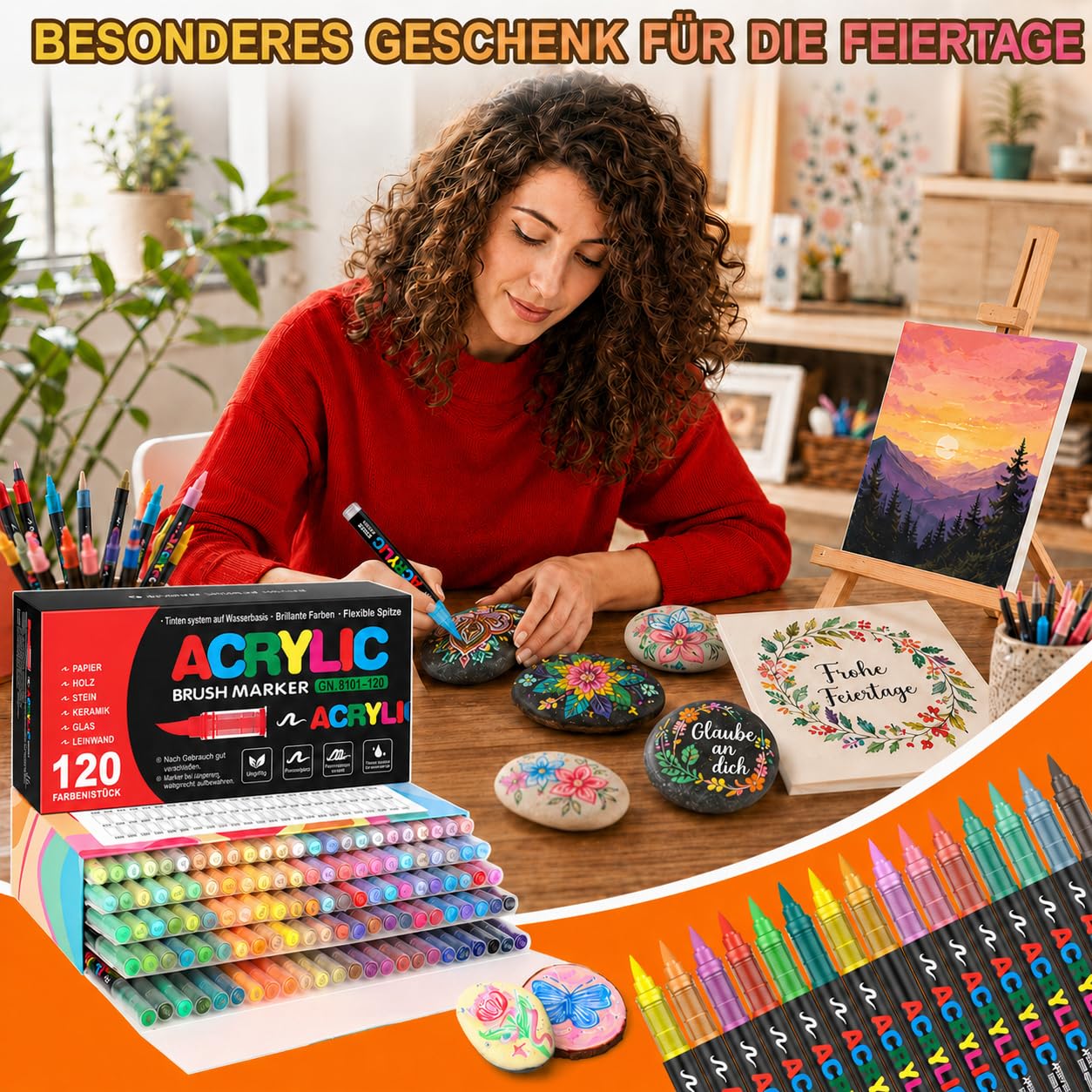 120 Farben Acrylstifte für Steine Wasserfest,0.1~0.5mm Acrylstifte Wasserfest für Glas, Holz, Keramik, Leinwand, Acrylic Marker Set für Ostern und Weihnachten