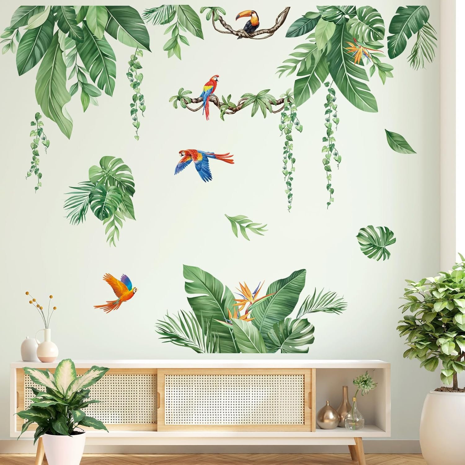 decalmile Tropical Jungle Leaves Wall Decals Palm Leaf Hanging Vines Green Plants Wall Stickers Living Room Bedroom Tv Background Wall Decor