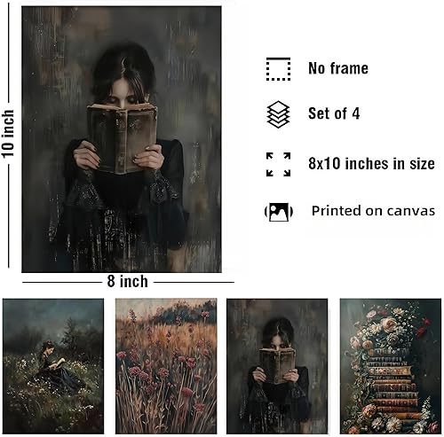 Miniatura 3 de Unframed Dark Academia Victorian Wall Art Set of 4,Vintage Woman Reading Painting Canvas Prints,Floral Bookshelves,Rustic Field & Antique Book