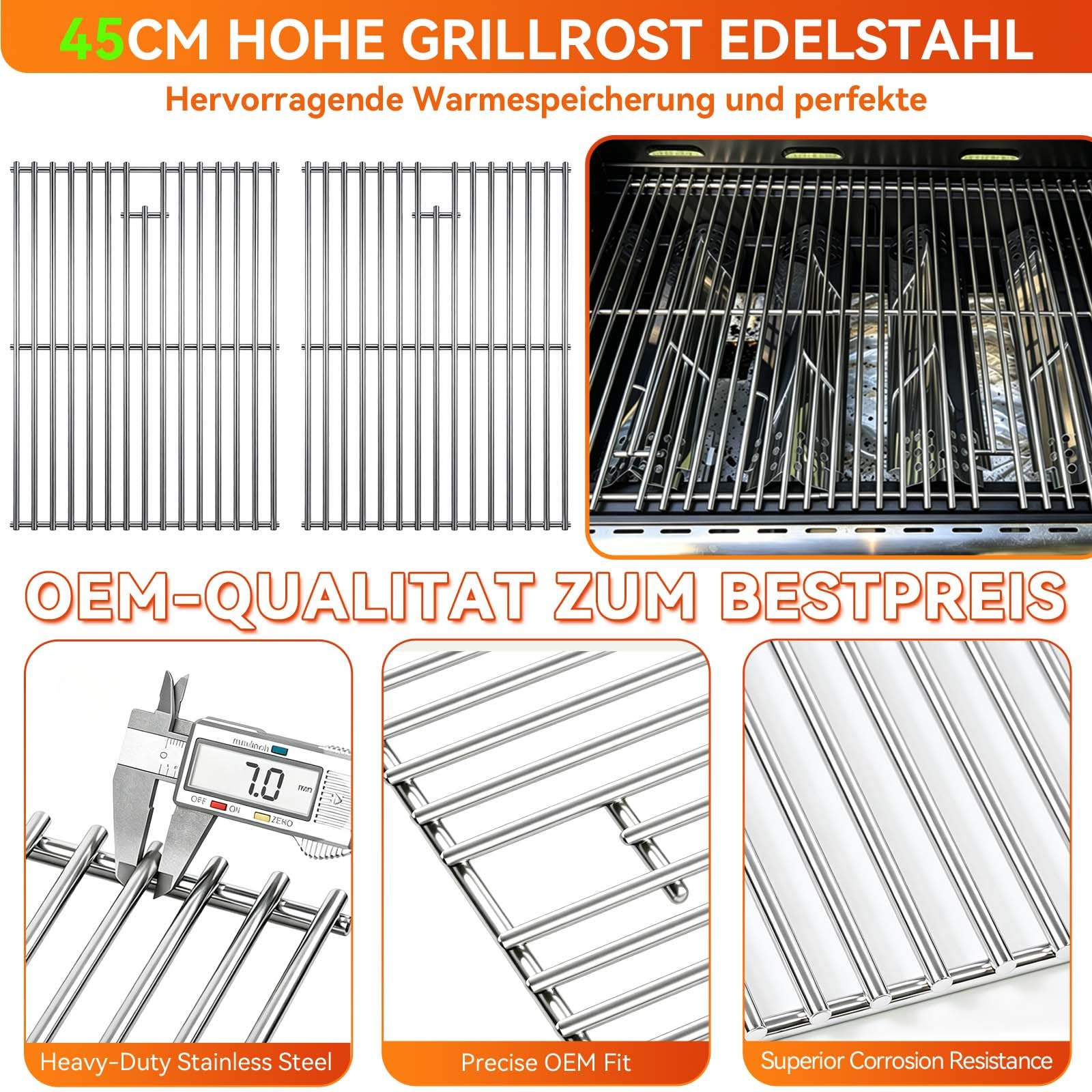 Grillrost Edelstahl 43 cm für Enders Boston Monroe PRO 4, Gasgrills Ersatz für Landmann Triton, Broil King Baron/Crown, Napoleon LEX 485, Nexgrill 4-Brenner - 7mm Massive Grillroste - 2 Stück
